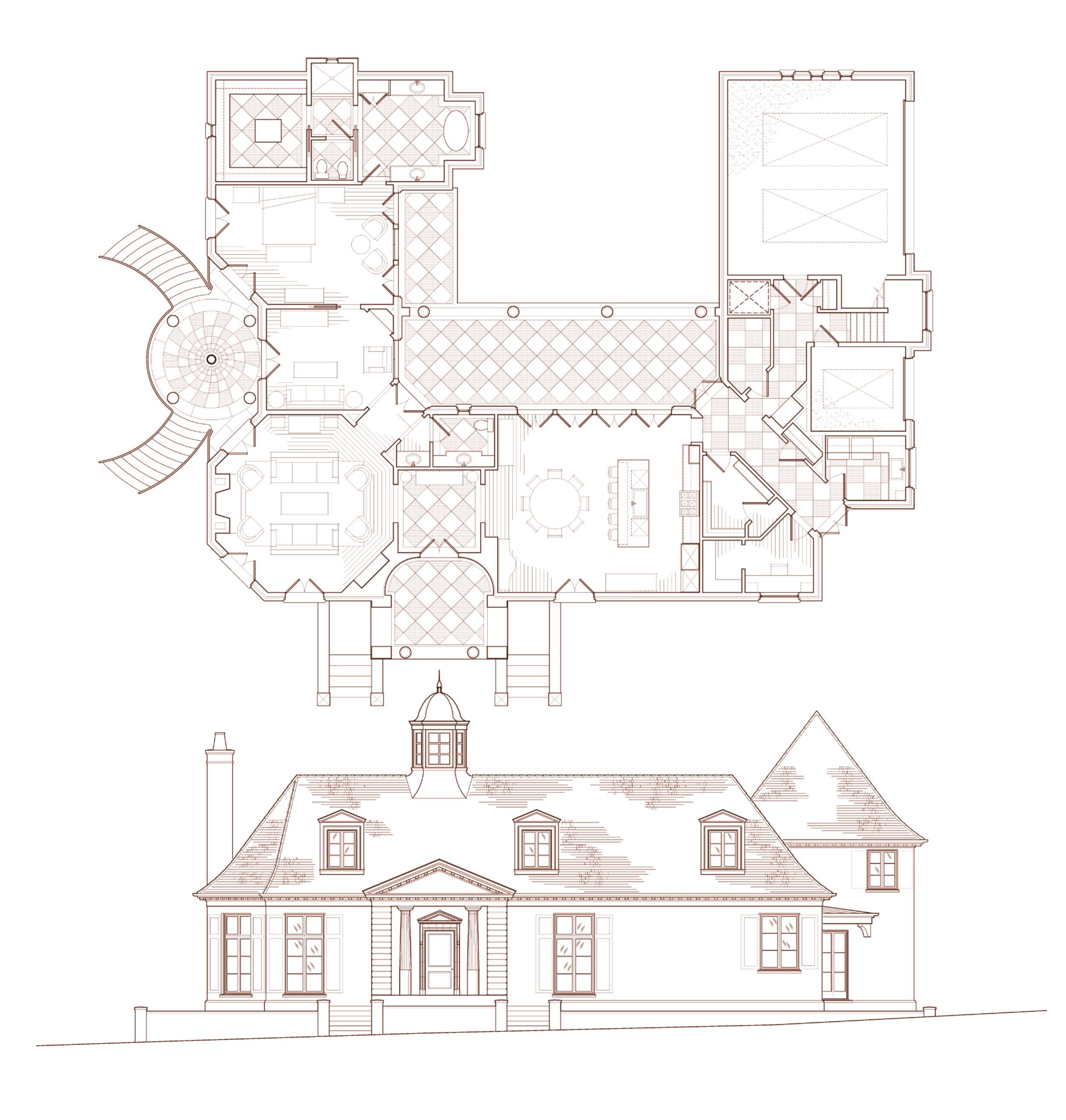 Architectural blueprint of a large house with a front elevation and a detailed floor plan showing rooms, furniture, and structural elements.