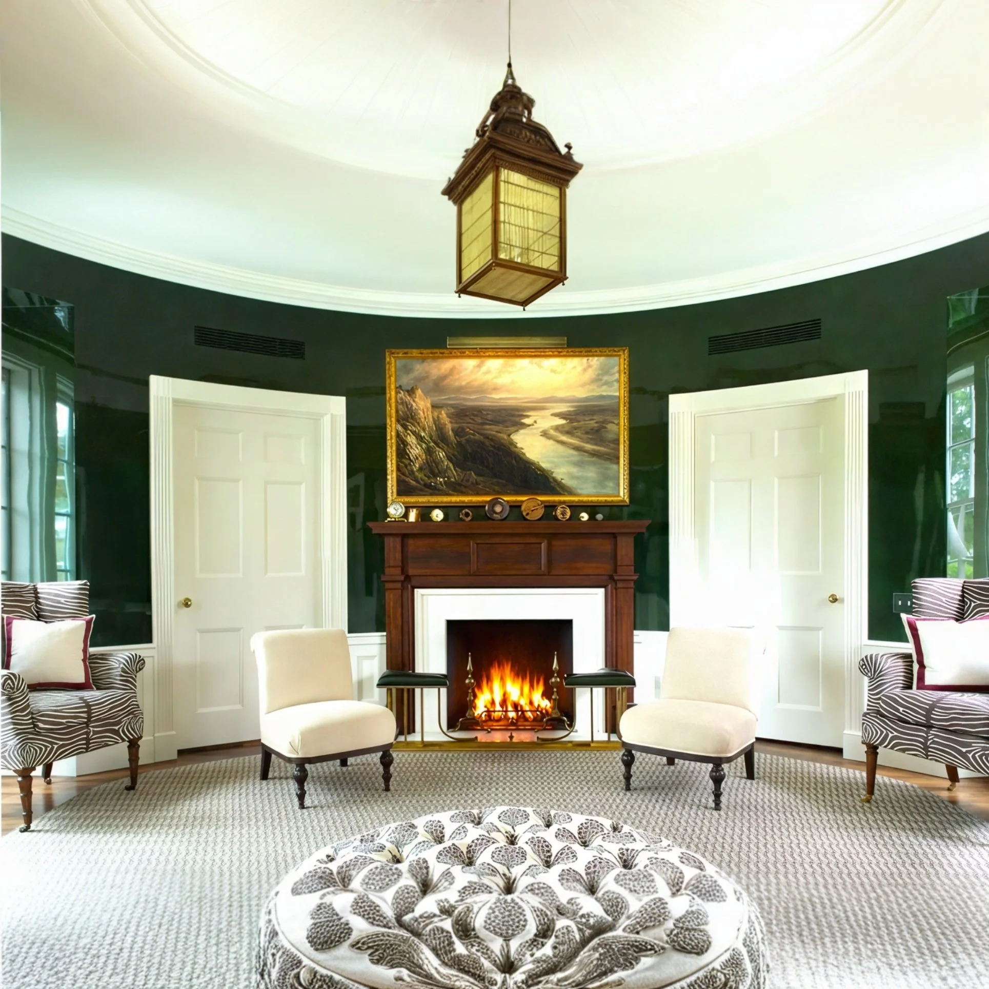 Elegant oval-shaped living room with a fireplace, dark green walls, and white trim. Two white armchairs face each other, and a landscape painting above the fireplace. Surrounded by windows with curtains and a ceiling lantern.