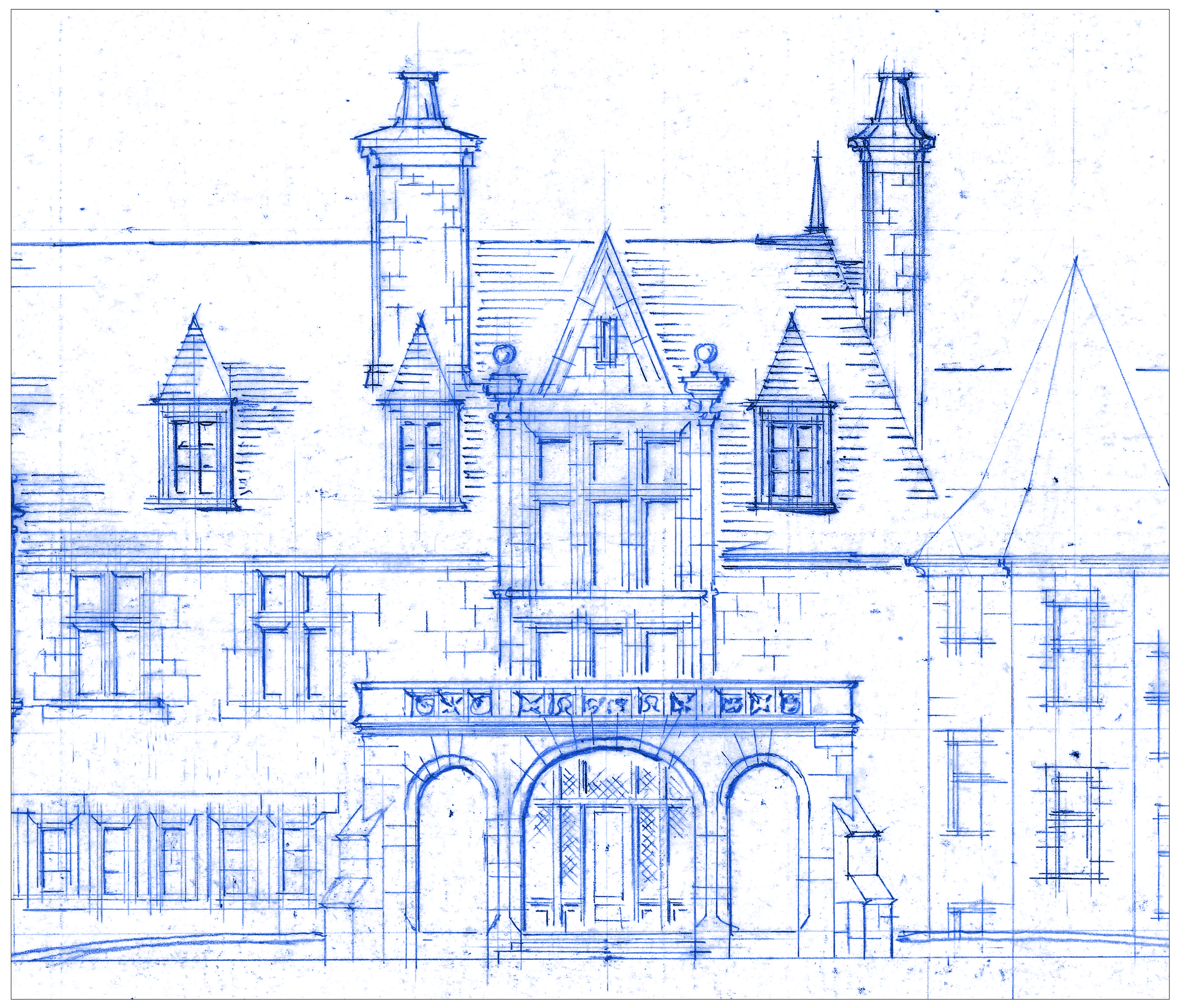 Blueprint drawing of a castle or mansion with towers, windows, and an arched entrance.