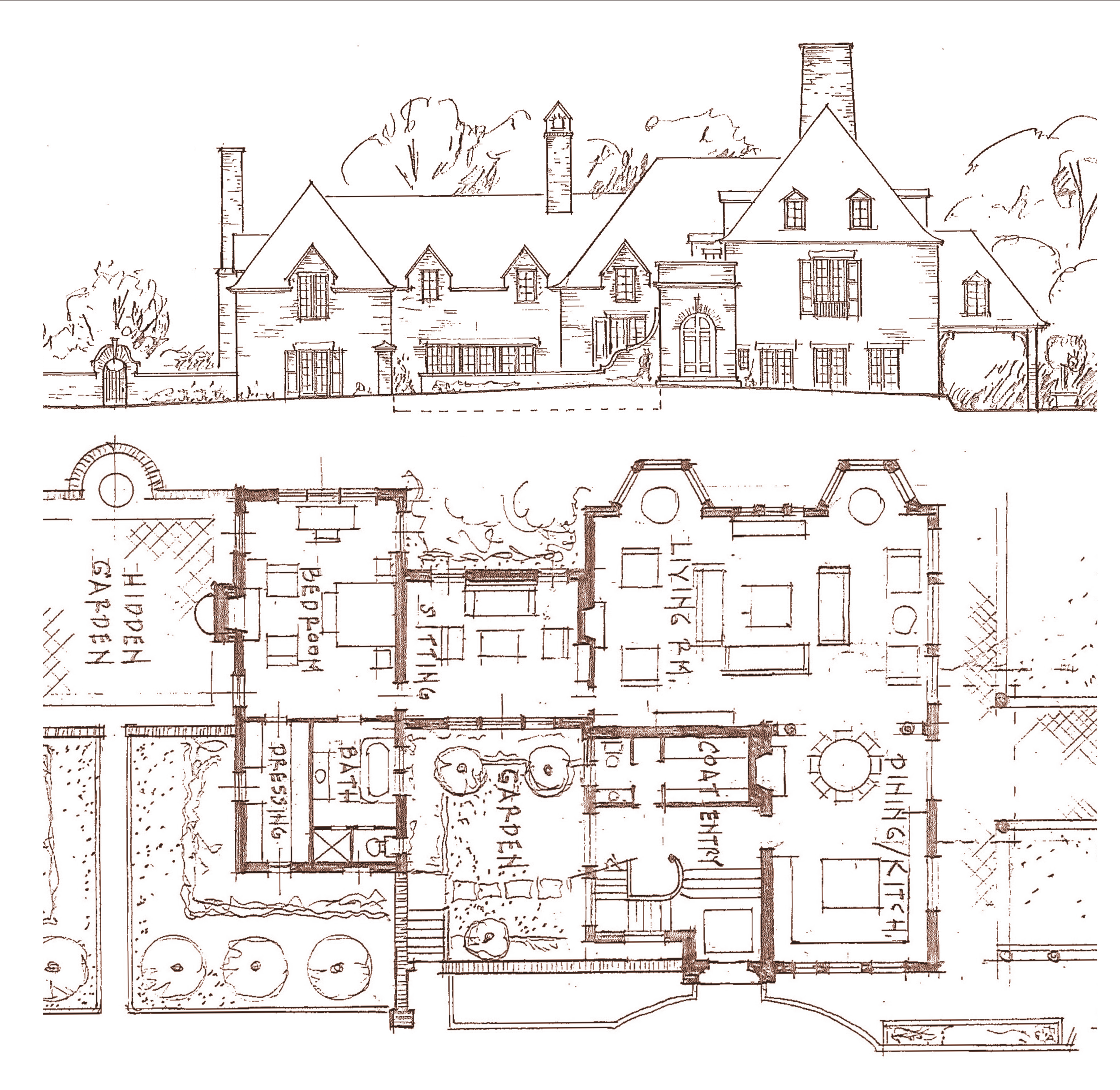 Architectural blueprint of a large house, showing the front elevation and floor plan with rooms labeled in English, including living areas, bedrooms, bathrooms, and outdoor spaces.