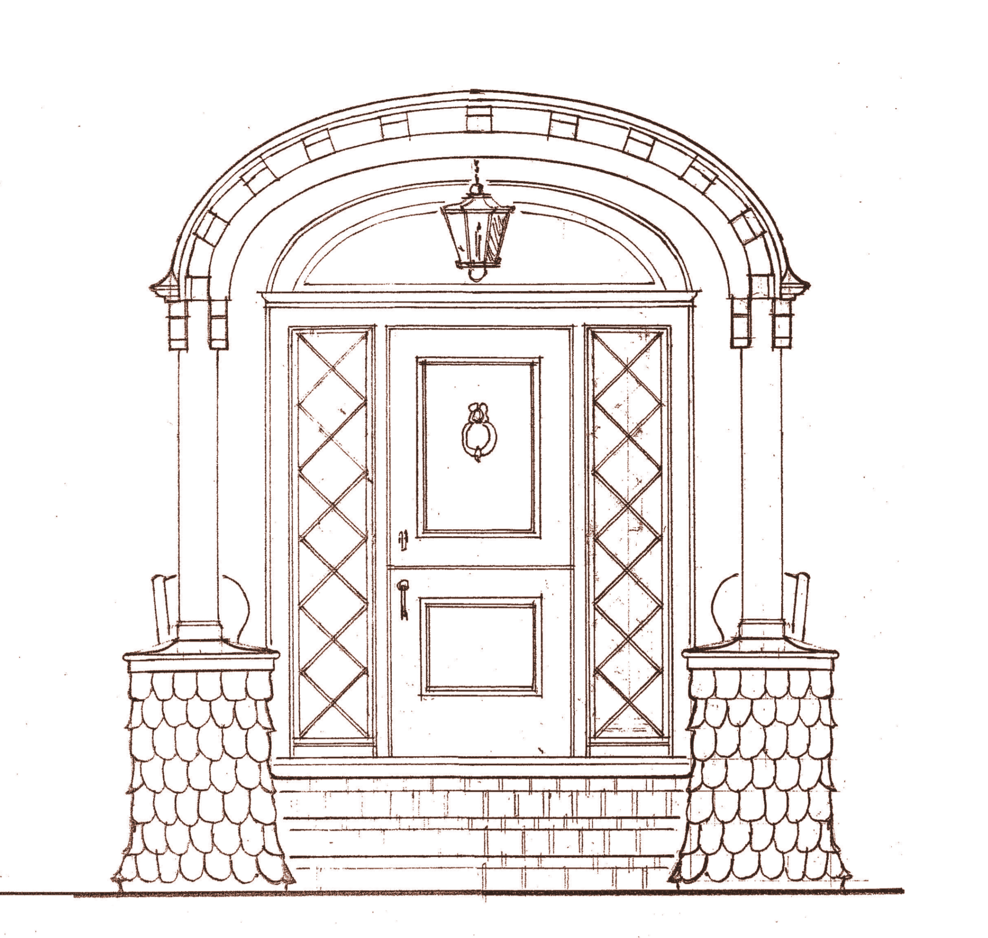 Sketch of a front door with decorative glass panes, an arched porch with a hanging lantern, and ornamental columns with shingles on the bases.