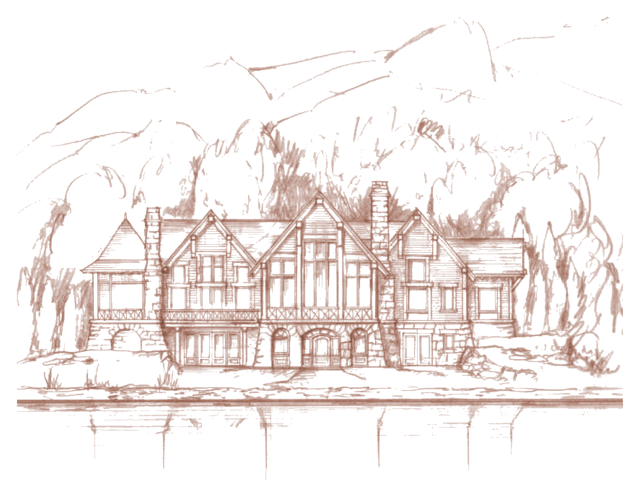 Sketch of a large, multi-story house with multiple gables, chimneys, and large windows, situated by a body of water with trees in the background.