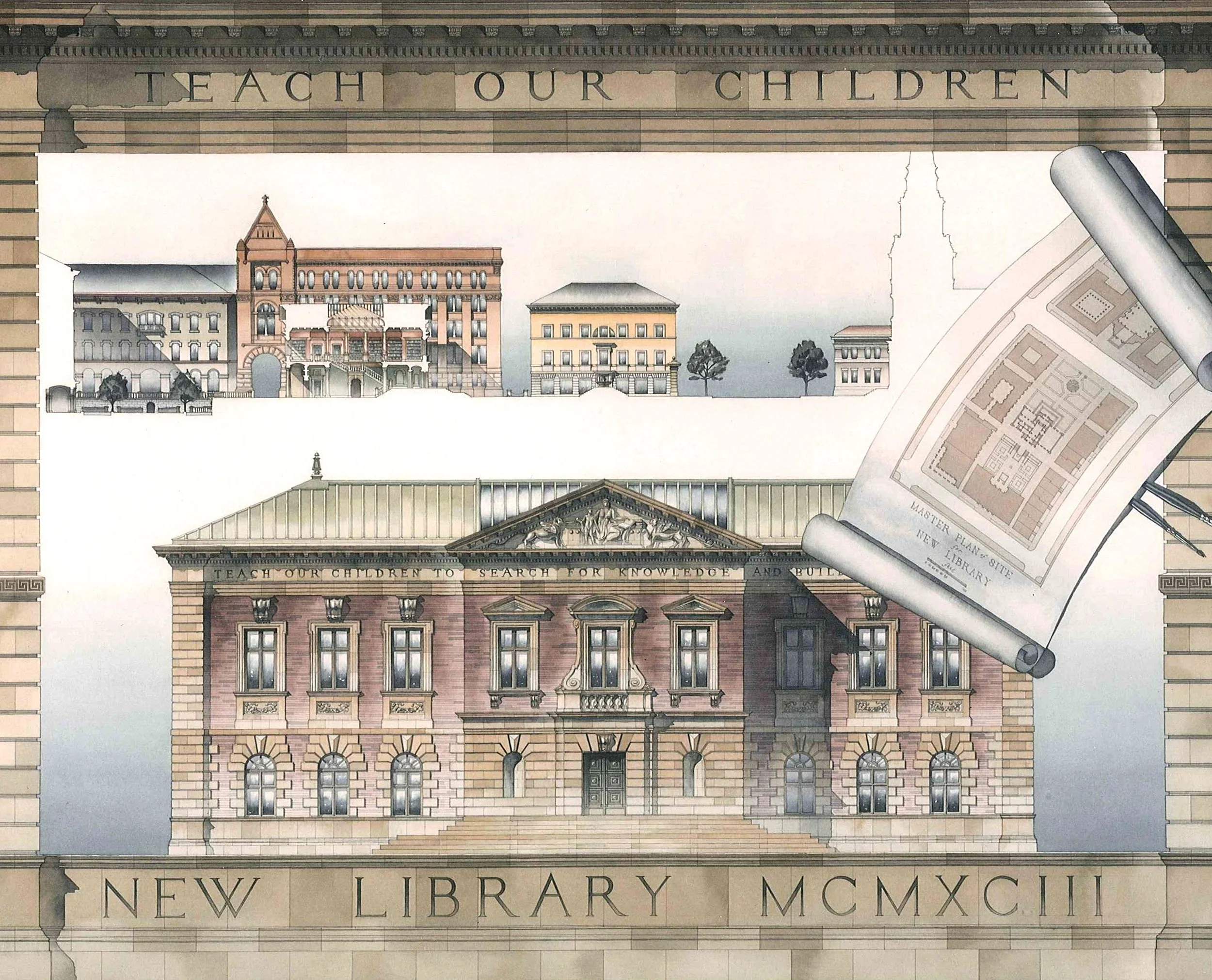 Architectural drawings and plans for a new library building, with detailed renderings of the historical structure and site layout, titled 'New Library' with Roman numerals MCXMXIII.