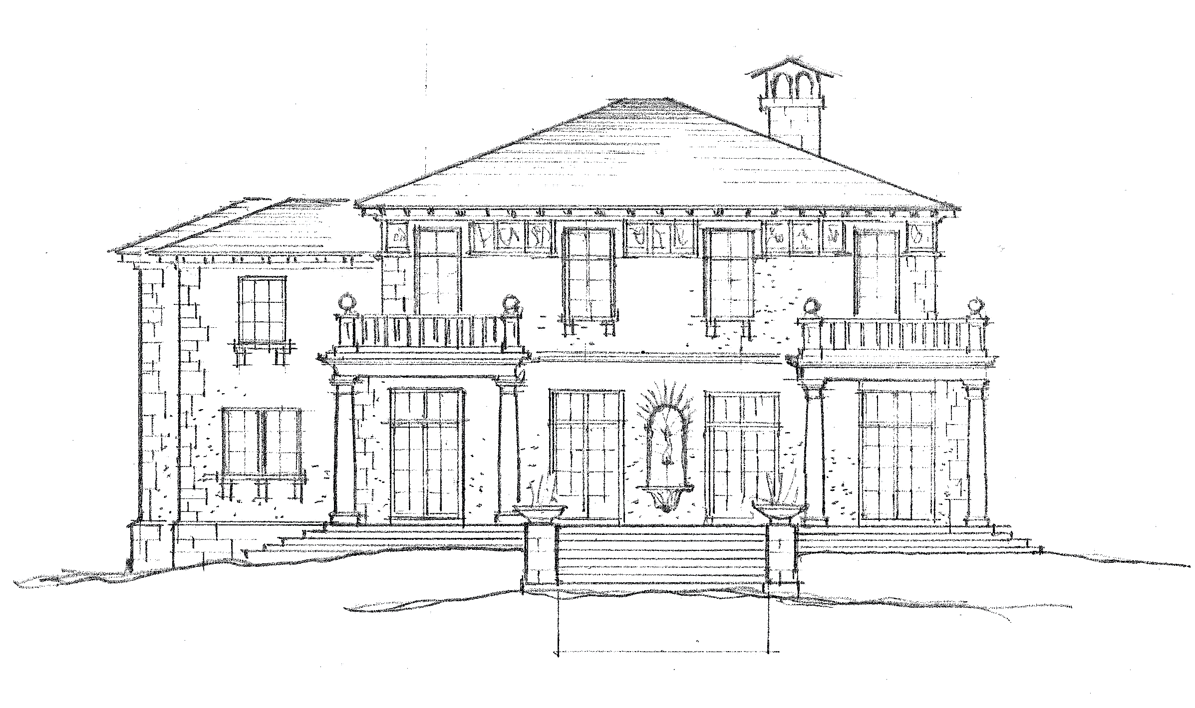 A detailed architectural sketch of a large, two-story house with a steep roof, front steps, pillars, balcony, decorative elements, fountain, and multiple windows.