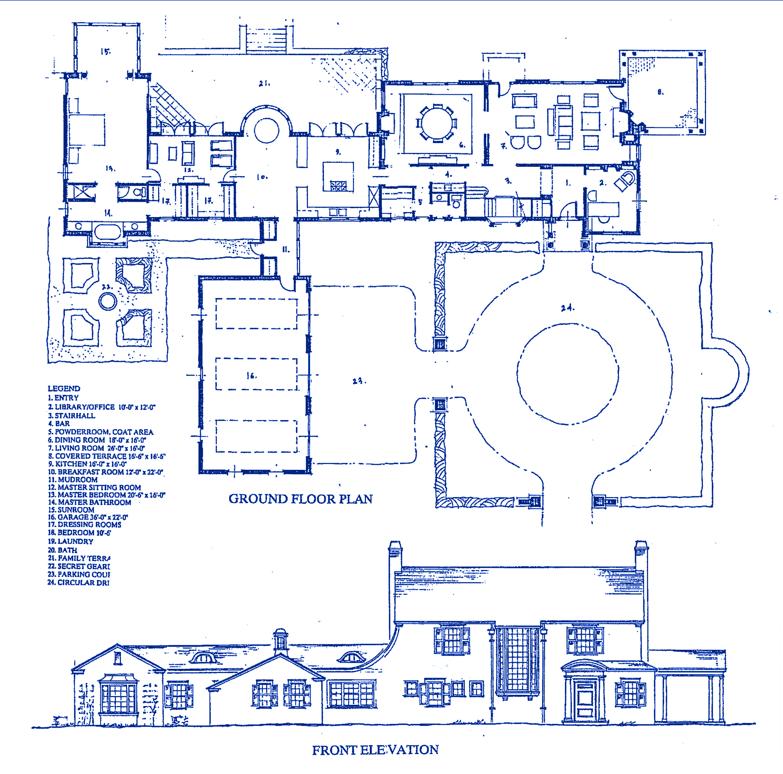 Blueprint of a house's ground floor plan with labeled rooms and a front elevation view. Legend with room names and dimensions is included.