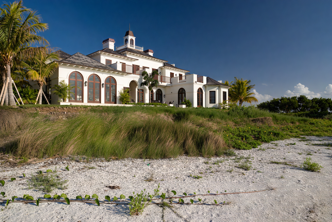 Large white mansion with arched windows, surrounded by palm trees, on sandy beachfront with grass and bushes, under a clear blue sky.