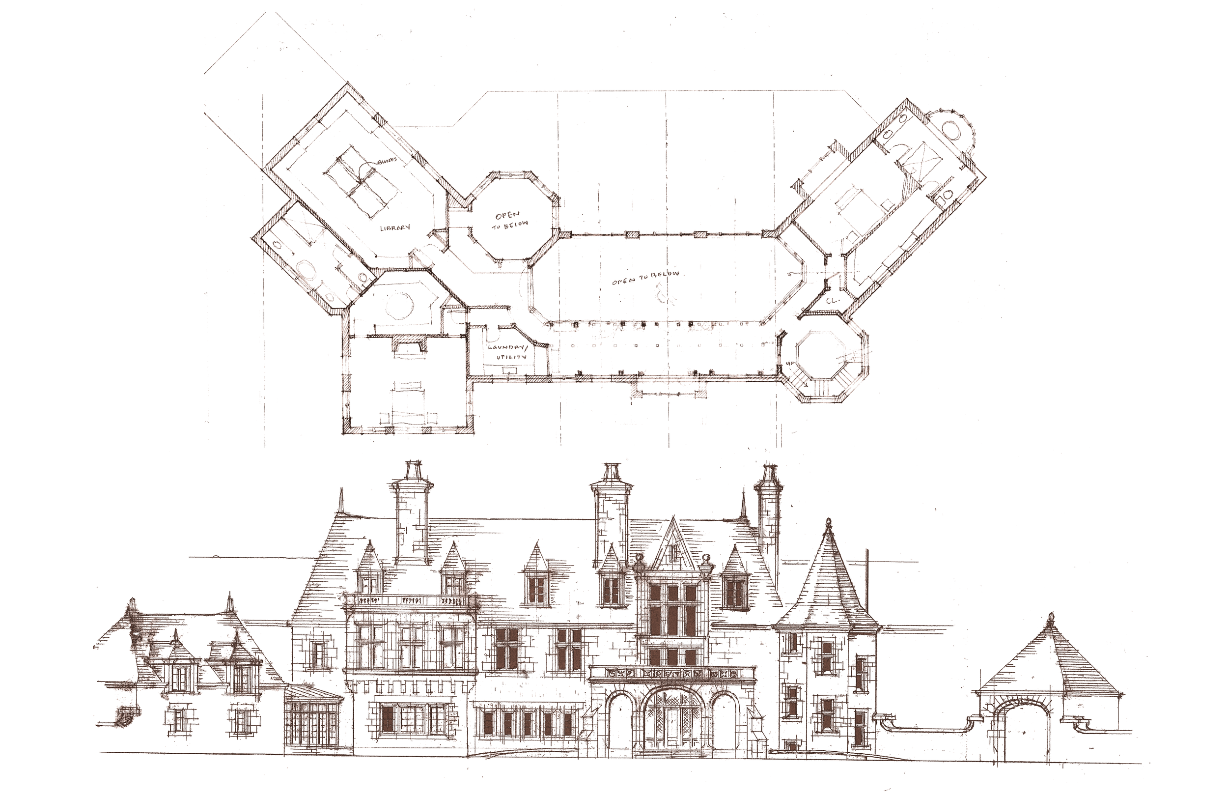Blueprint architectural drawing of a large mansion with detailed front elevation, including towers, chimneys, and ornate gate.