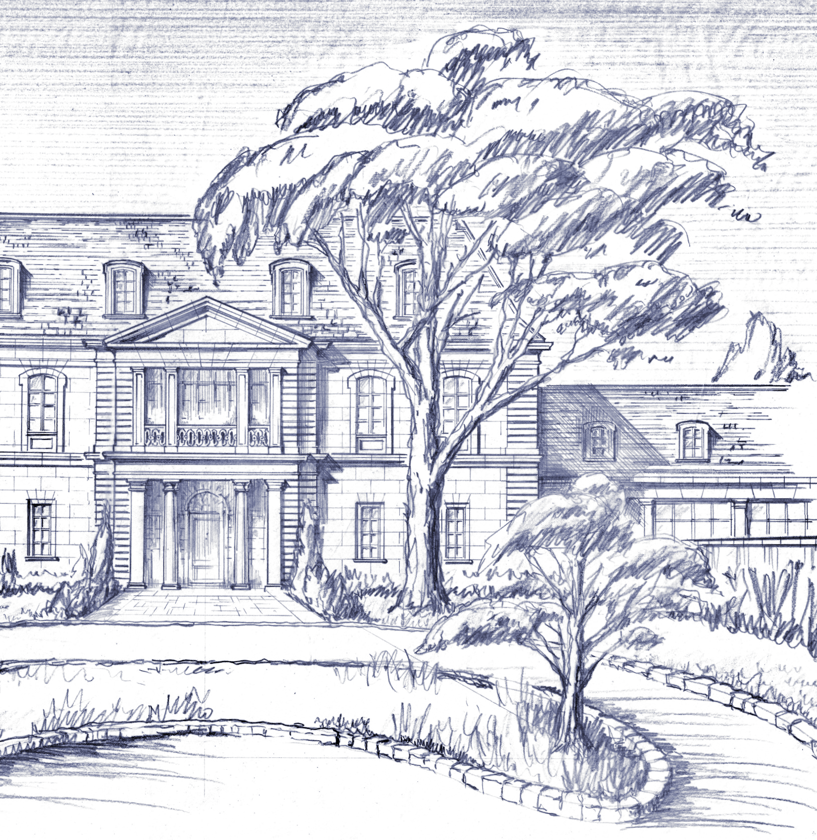 Sketch of a large house with multiple windows, a prominent door, and a small balcony. Tall trees and shrubs line the front yard, with a curved pathway leading to the entrance.