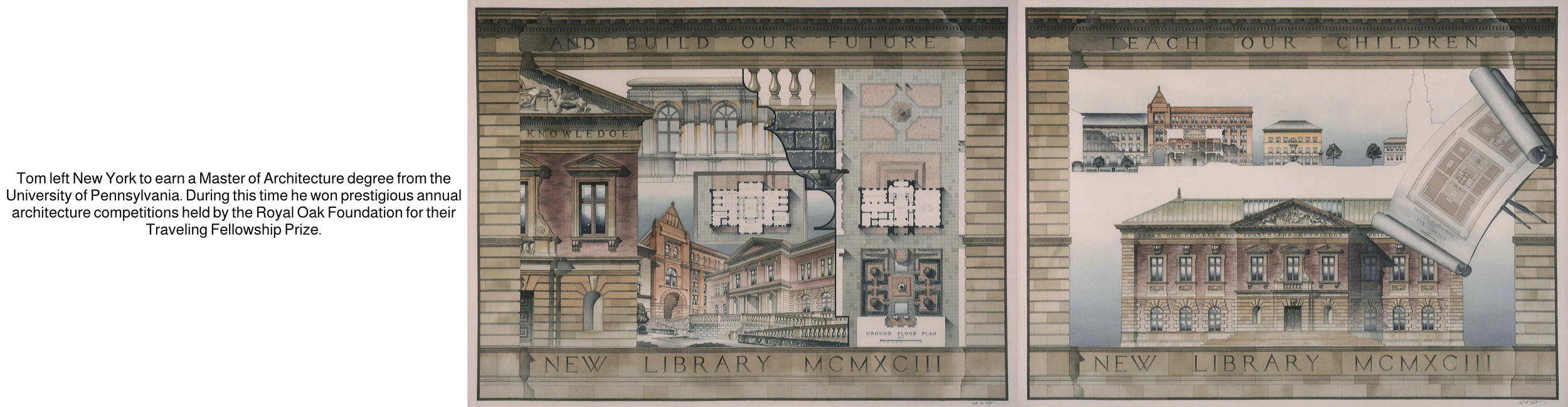 Architectural plans and drawings of a new library building, including ground floor plan and building elevation, with a rolled-up sheet on the top right corner.