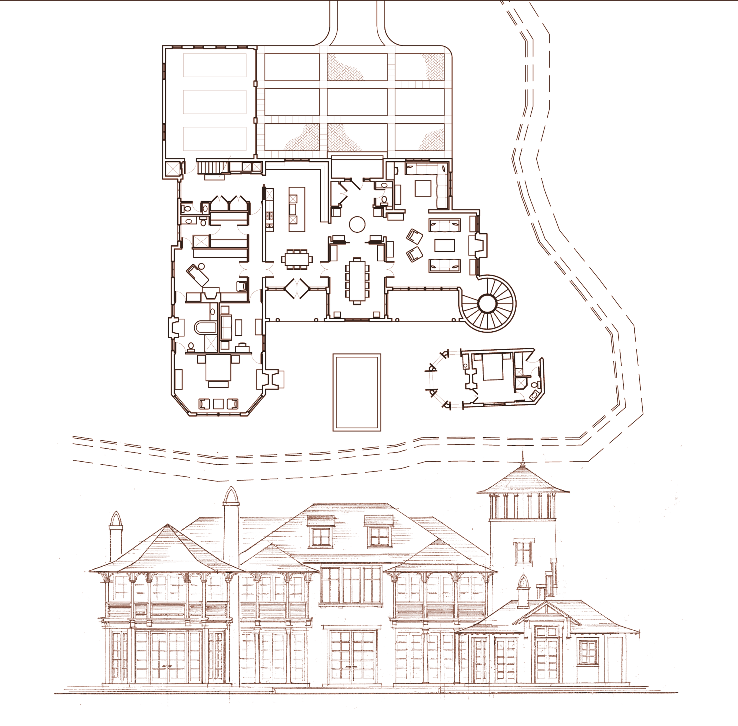 A detailed architectural blueprint of a large house with its front elevation, including multiple rooms, outdoor pool, and surrounding landscape.