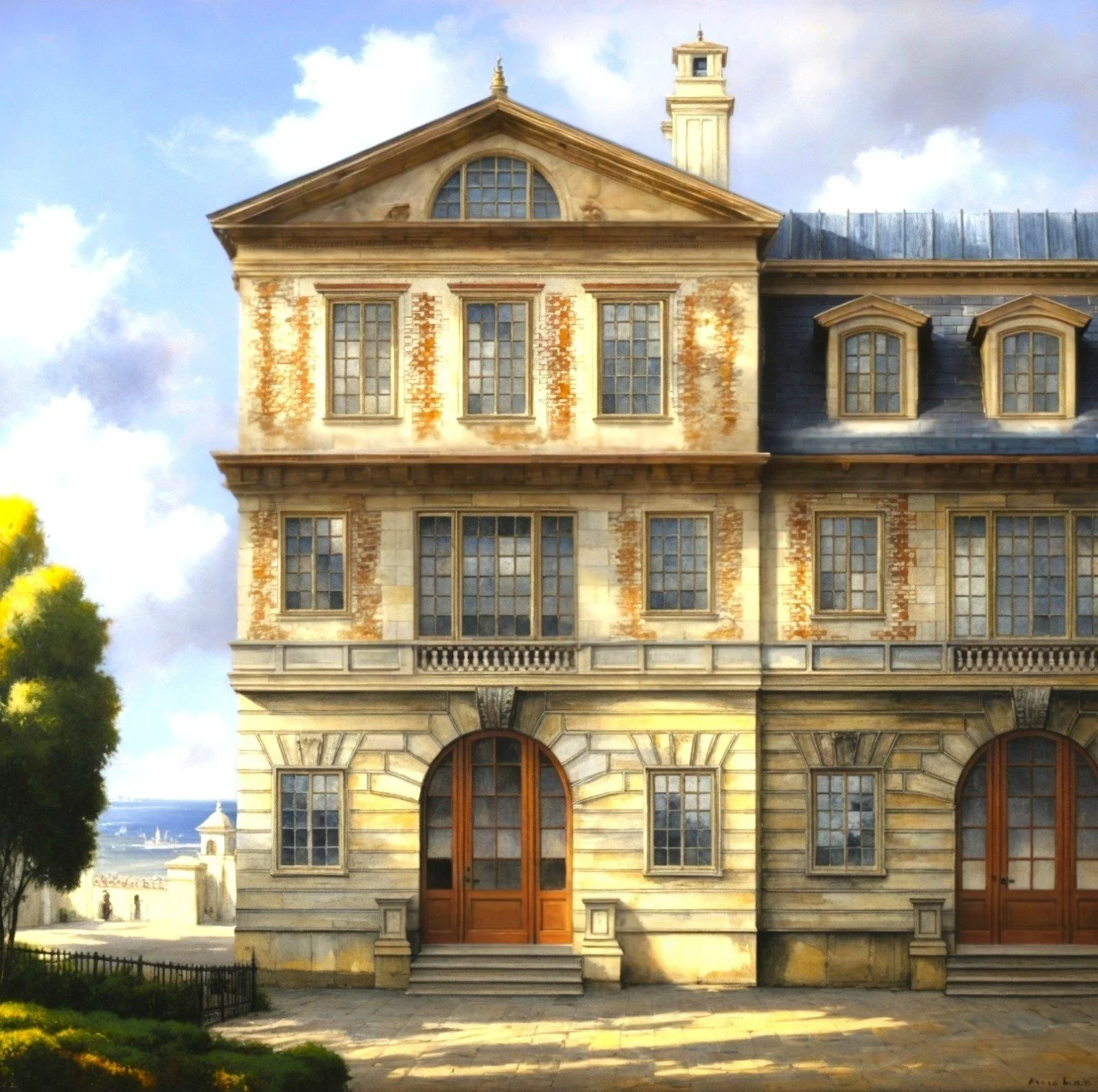 A three-story historic building with a weathered stone facade, multiple windows, and a steep gabled roof with dormer windows, set against a partly cloudy sky.