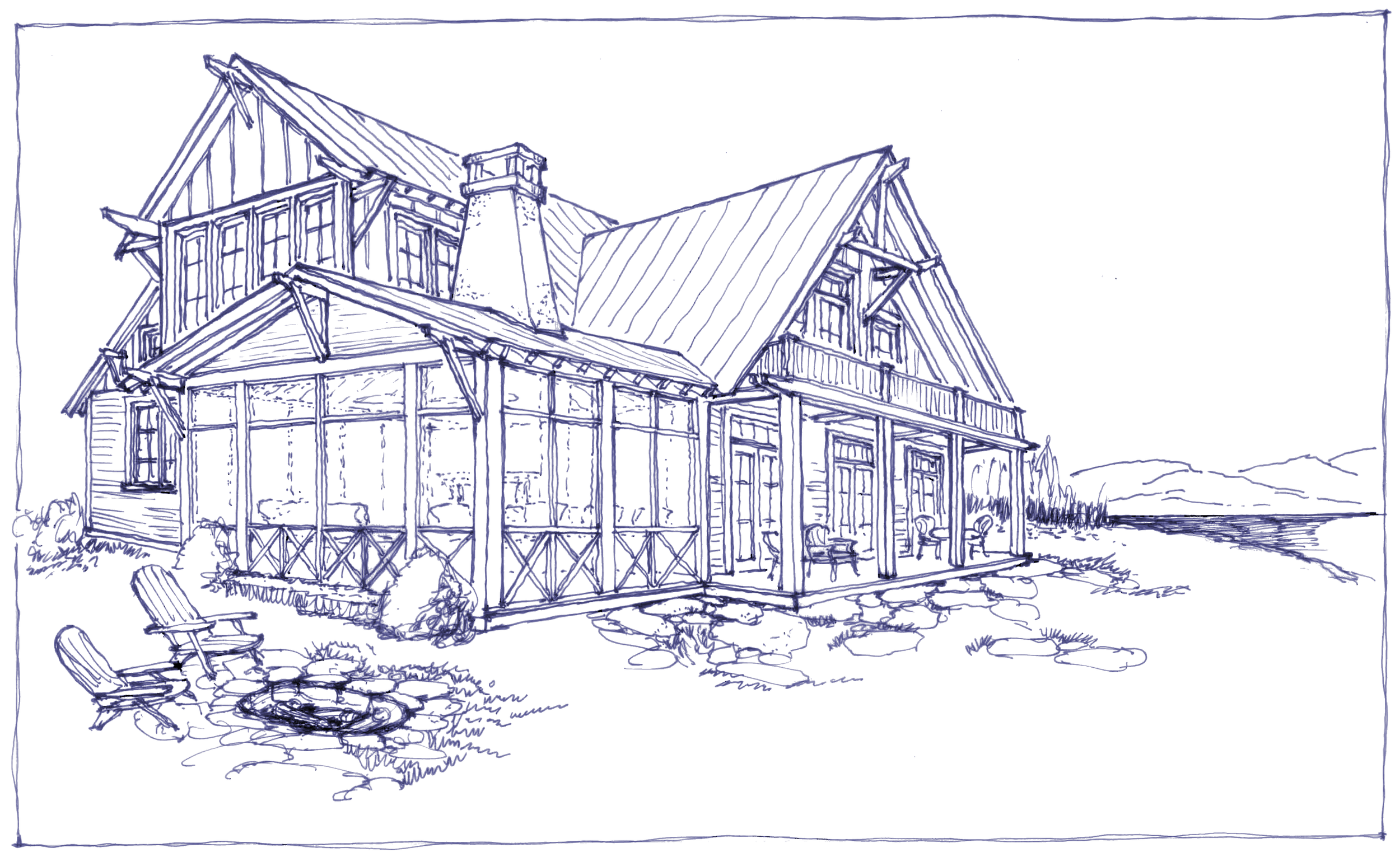 Line drawing of a large rustic house with multiple gabled roofs, a covered porch with chairs, a fire pit with Adirondack chairs, and a landscape with mountains in the background.