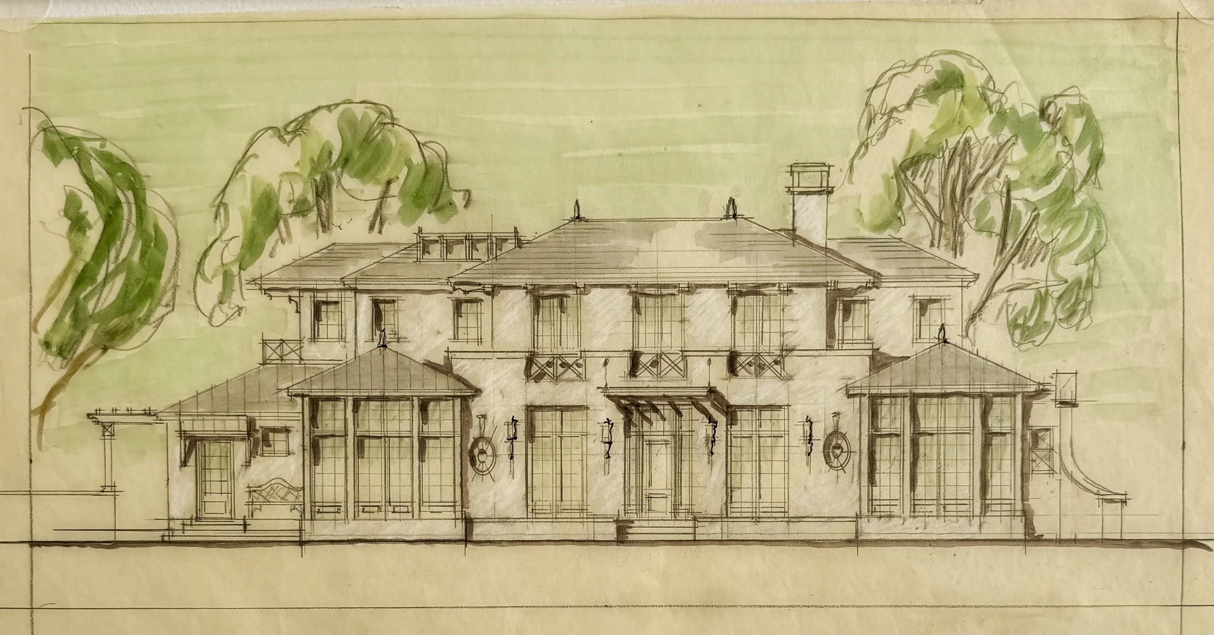 Architectural sketch of a large house with multiple sections and a surrounding landscape with trees, drawn in pencil with green highlights.