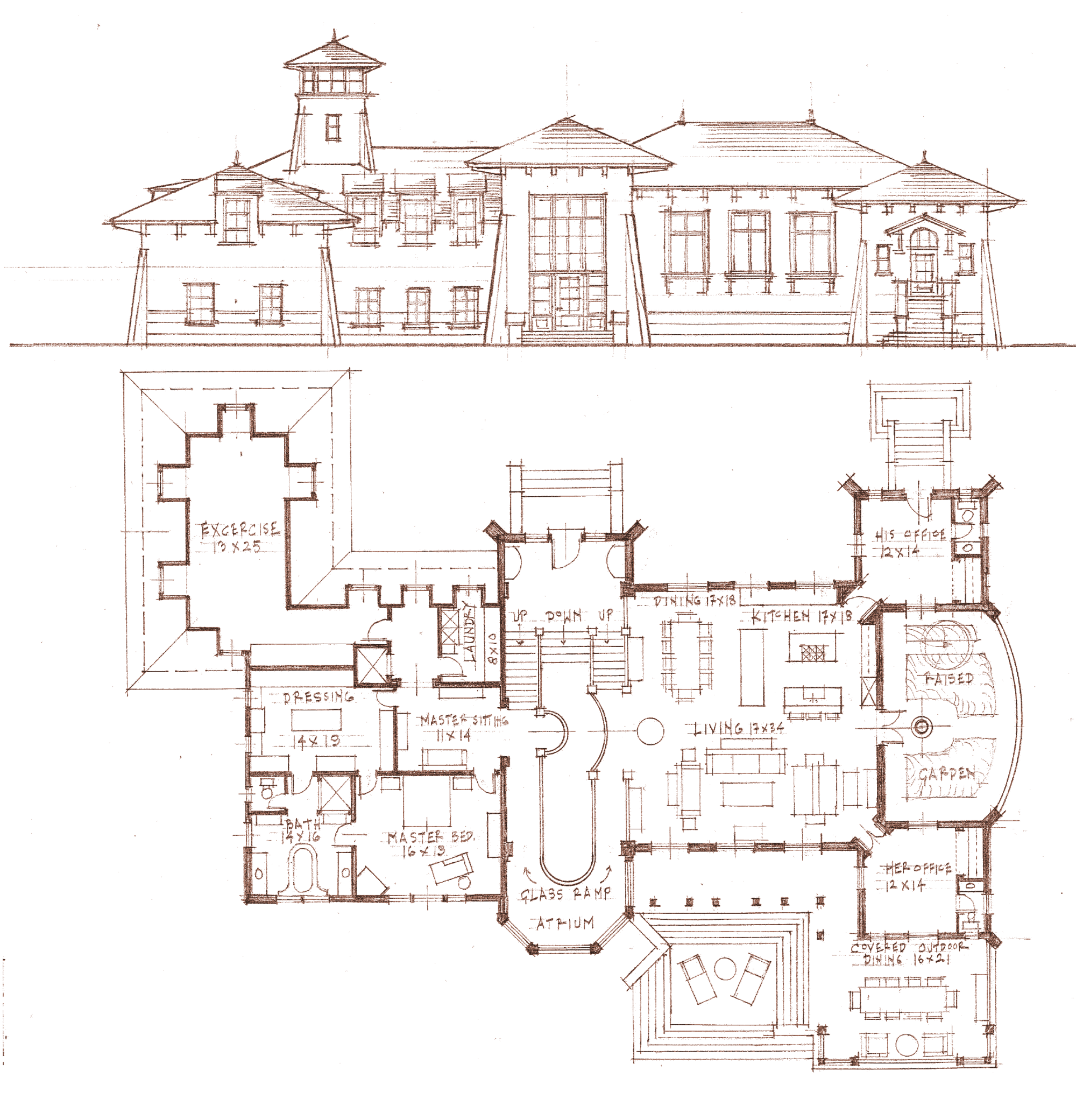 Architectural drawing of a large, detailed house exterior and floor plan. The house has multiple sections, windows, doors, and a tower-like structure.