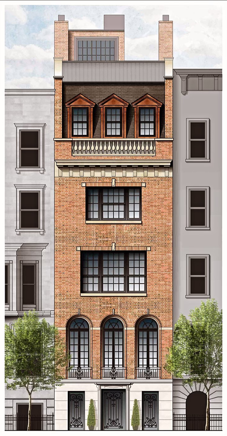 Illustration of a narrow, multi-story brick building with decorative windows, balconies, and trees in front, flanked by two gray buildings.