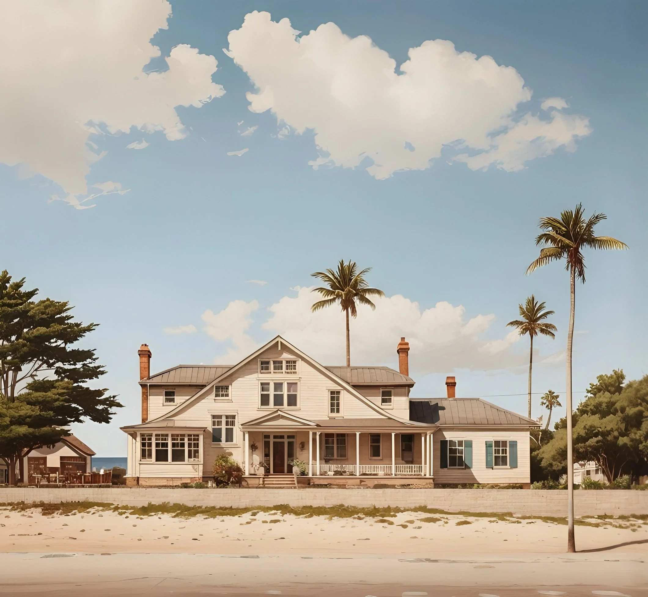Beachside house with white wooden exterior, large porch, and multiple chimneys, surrounded by palm trees and sandy shore under a partly cloudy sky.