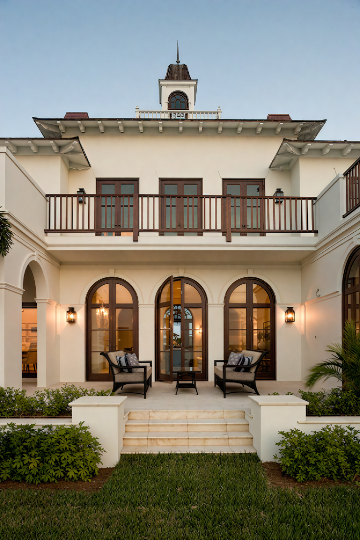Front view of a white, two-story house with large arched windows and a balcony, with seating area on the porch and a small garden in front.