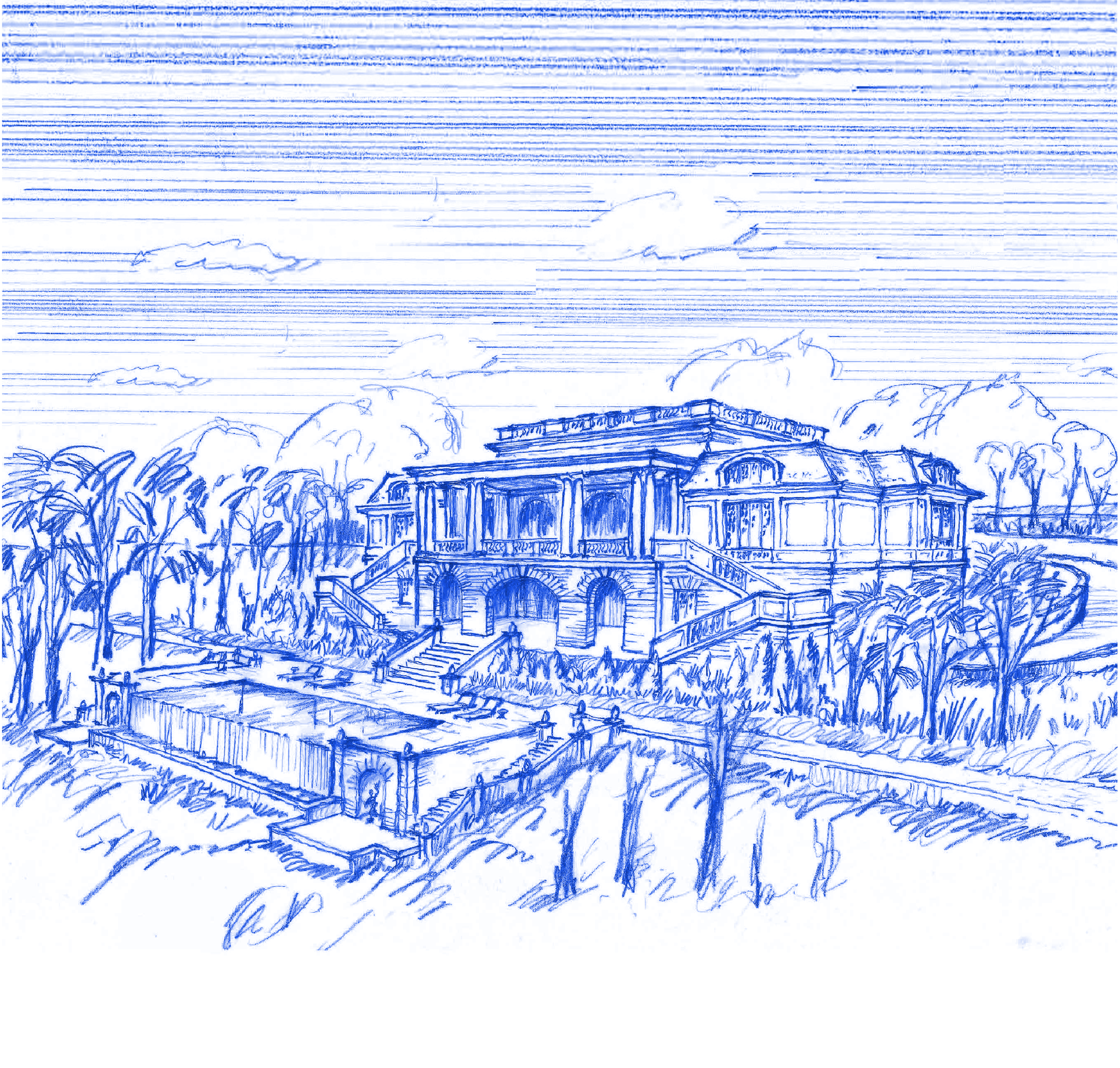 A detailed blue sketch of a large, classical-style house with terraces, stairs, and surrounding trees, set in a lush landscape.