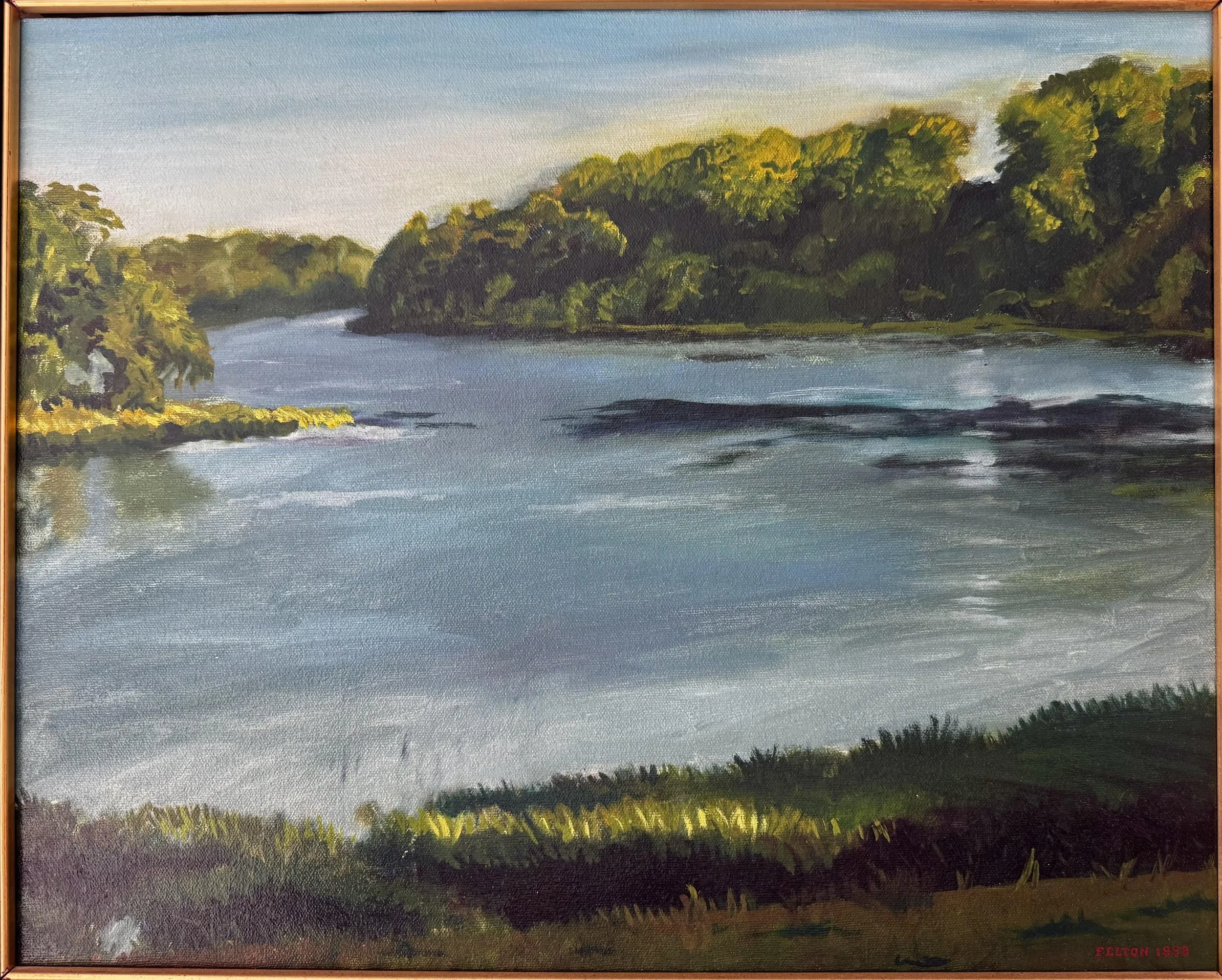 A landscape painting of a river surrounded by trees. The water is calm with some ripples, and the sky is cloudy with a hint of blue.