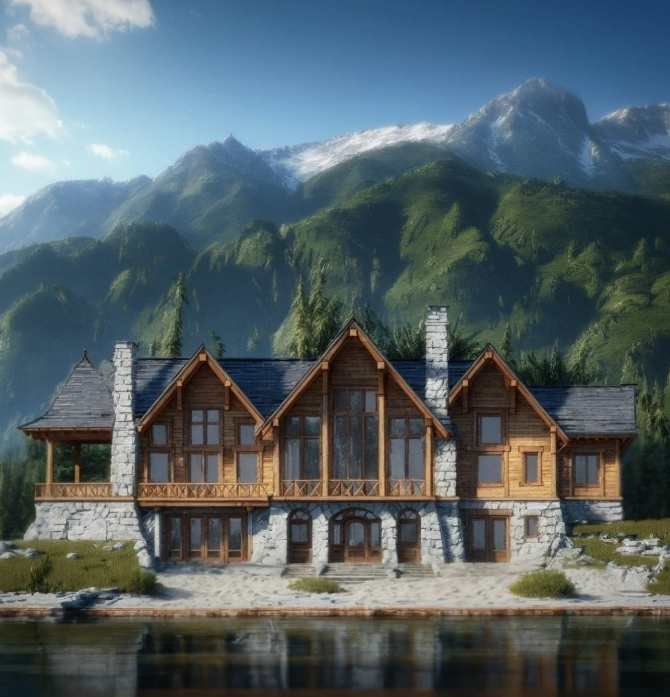 A large wooden house with stone chimneys situated by a body of water, surrounded by green trees and towering mountains with snow on their peaks in the background.