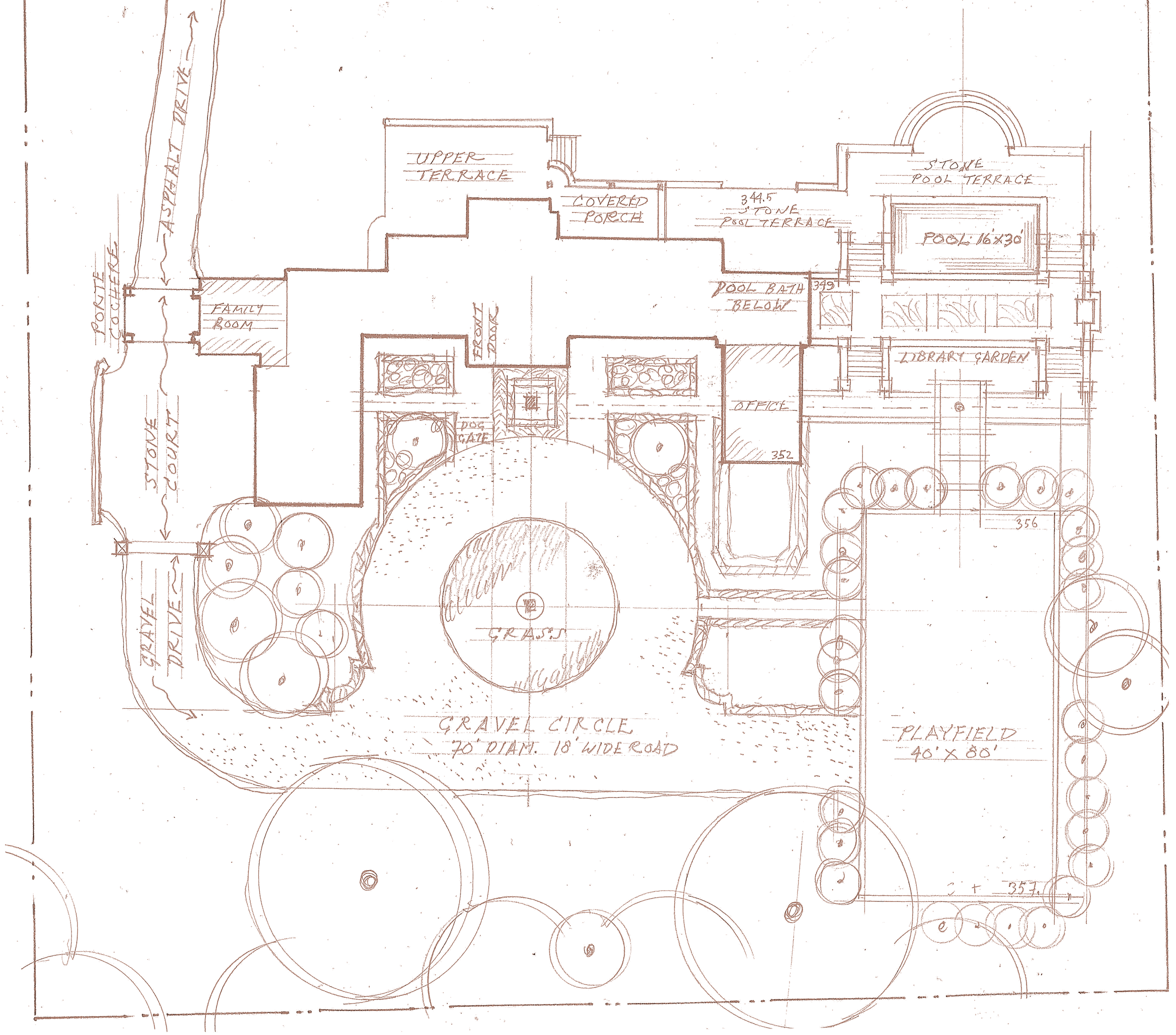 Architectural blueprint of a garden and outdoor living space, including a grave circle, playfield, pond, library garden, terraces, office, and pathways with trees and shrubs.