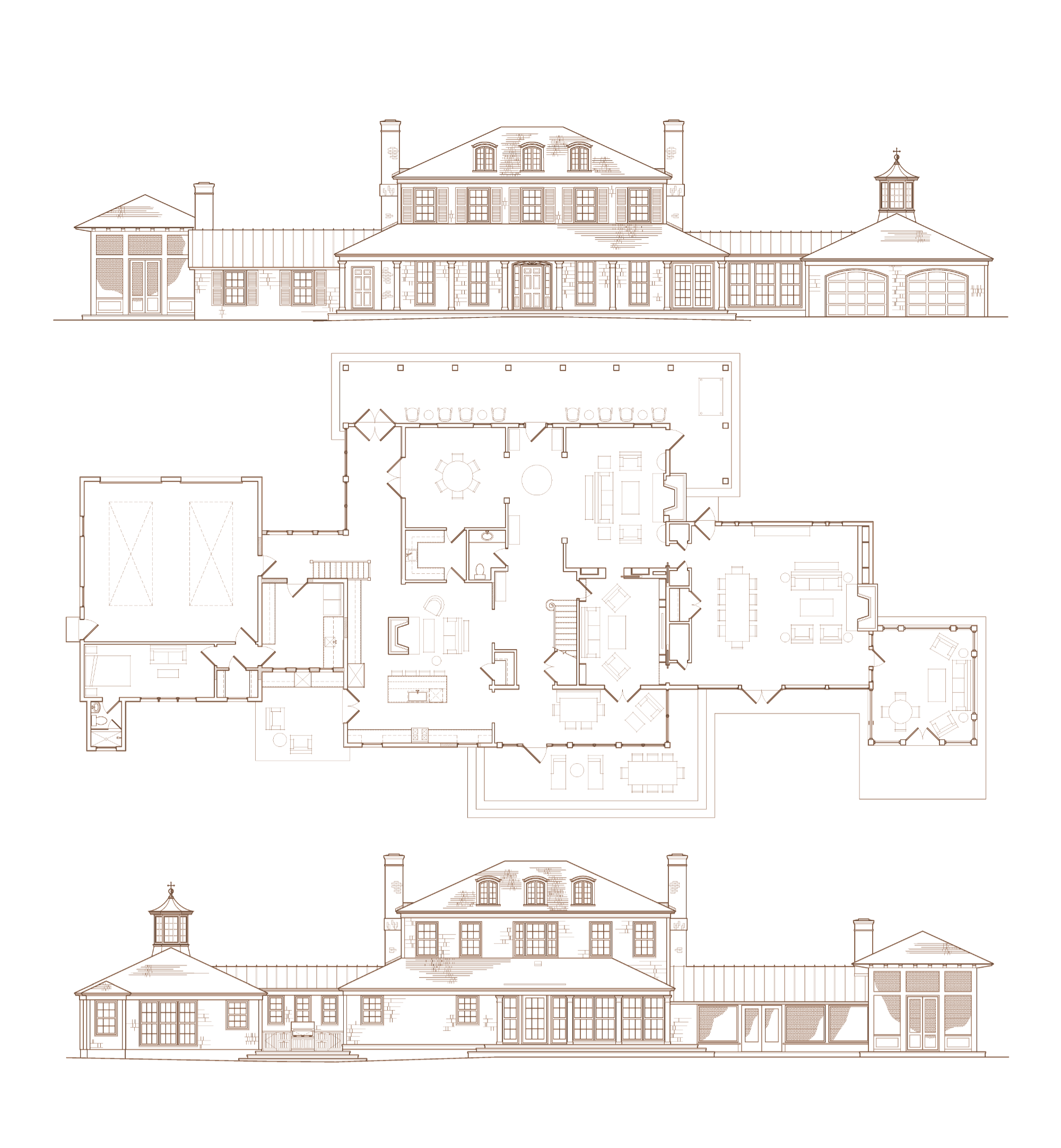 Blueprint of a large house with detailed floor plans and exterior elevations.