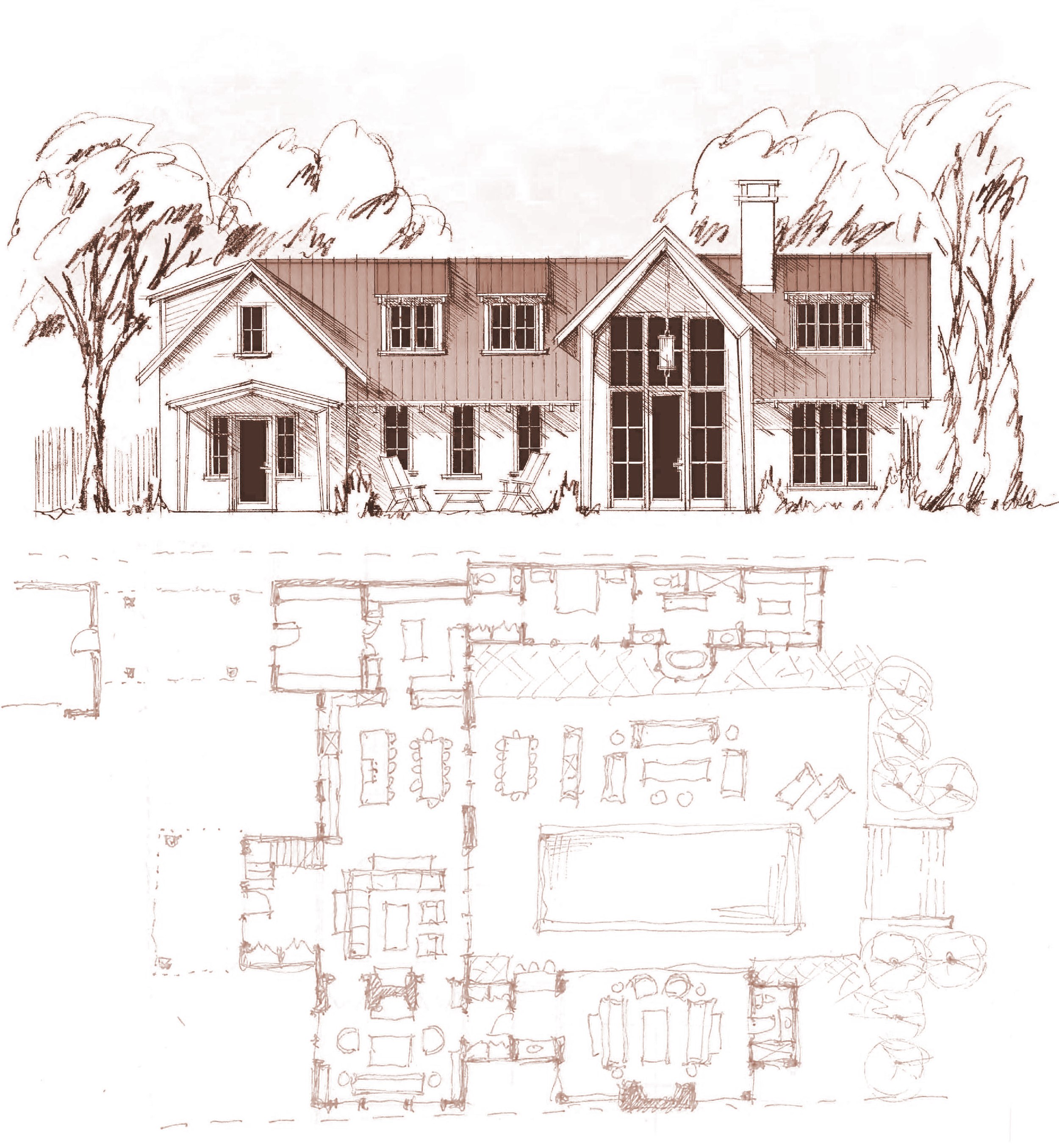 A hand-drawn sketch of a house with a pitched roof, multiple windows, and a chimney, with a floor plan layout below it.