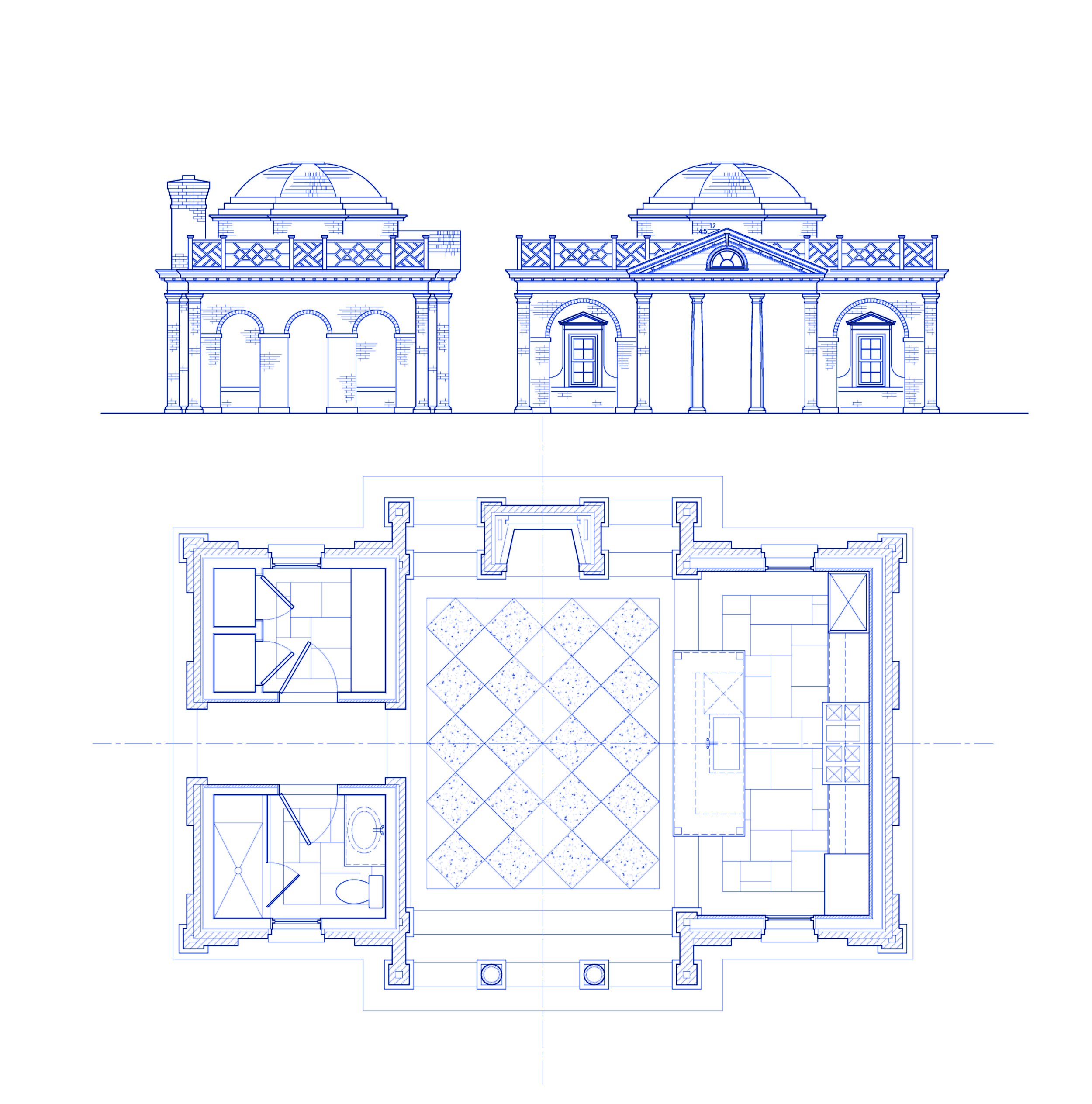 Blueprint drawing of an observatory with an upper elevation view showing domed roofs and a front plan view of the interior layout with a central room, kitchen, bathroom, and two other rooms.