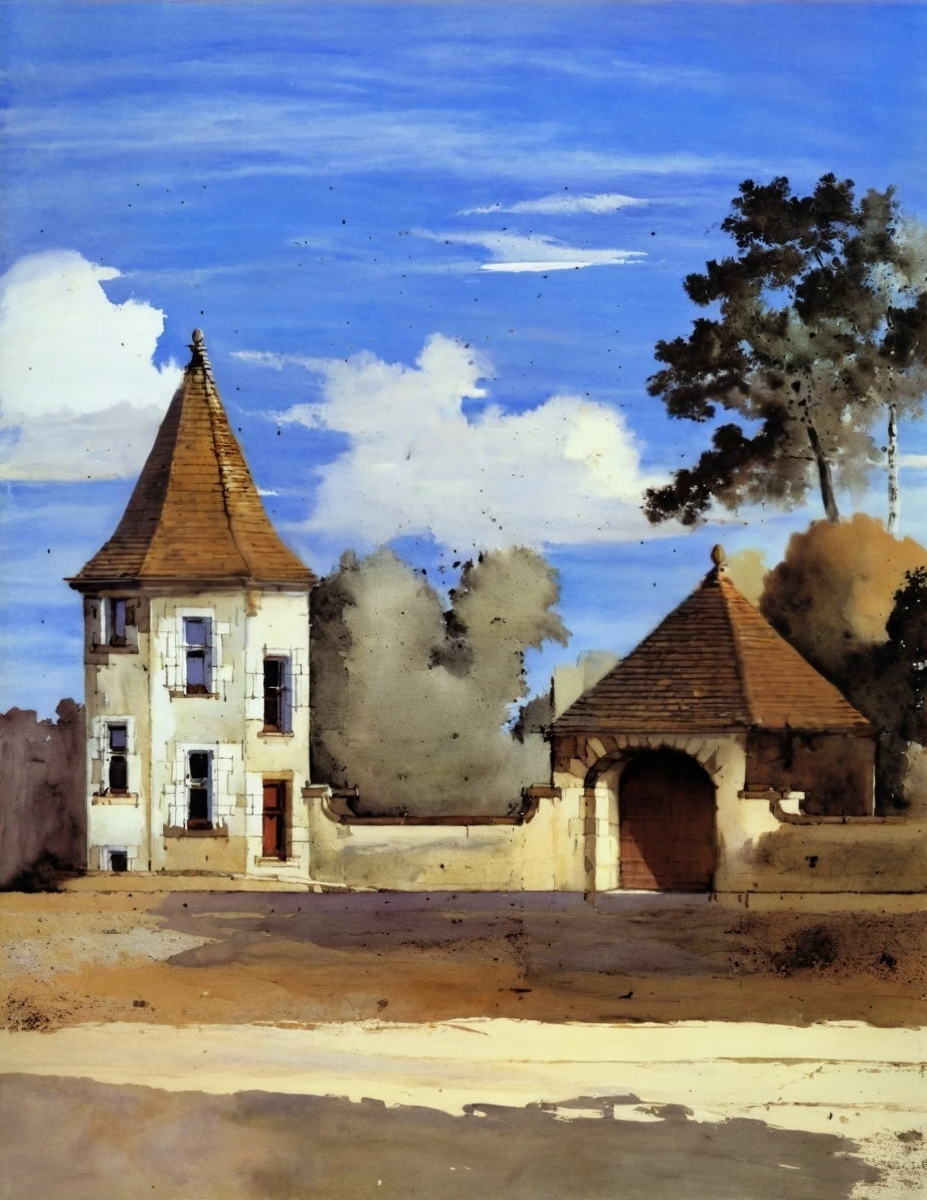 Watercolor painting of a vintage house with a tall, pointed roof, surrounded by trees and a cloudy sky.