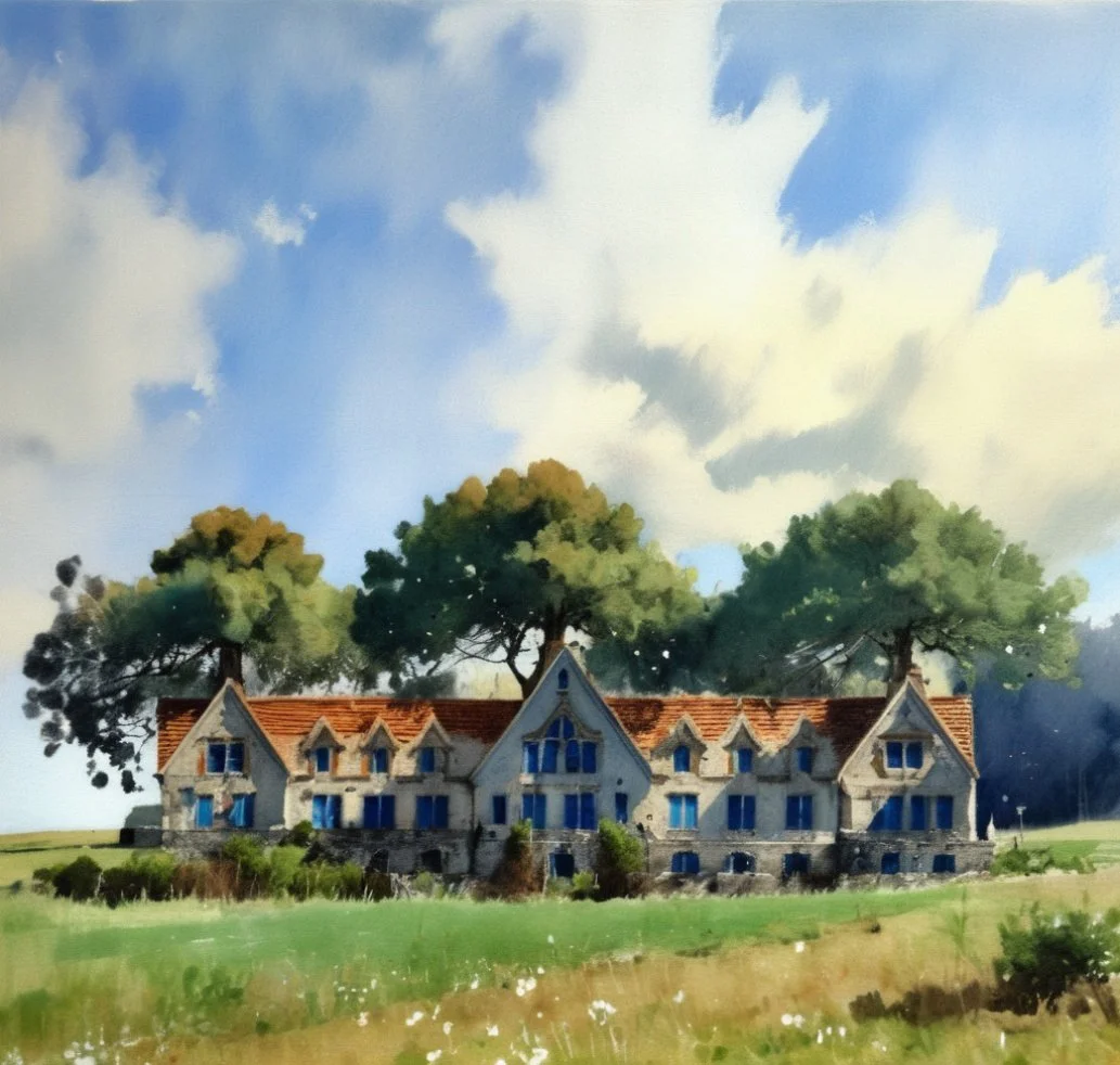 A watercolor painting of a large house with multiple gables and a red-tiled roof, surrounded by green grass and trees with a partly cloudy sky overhead.
