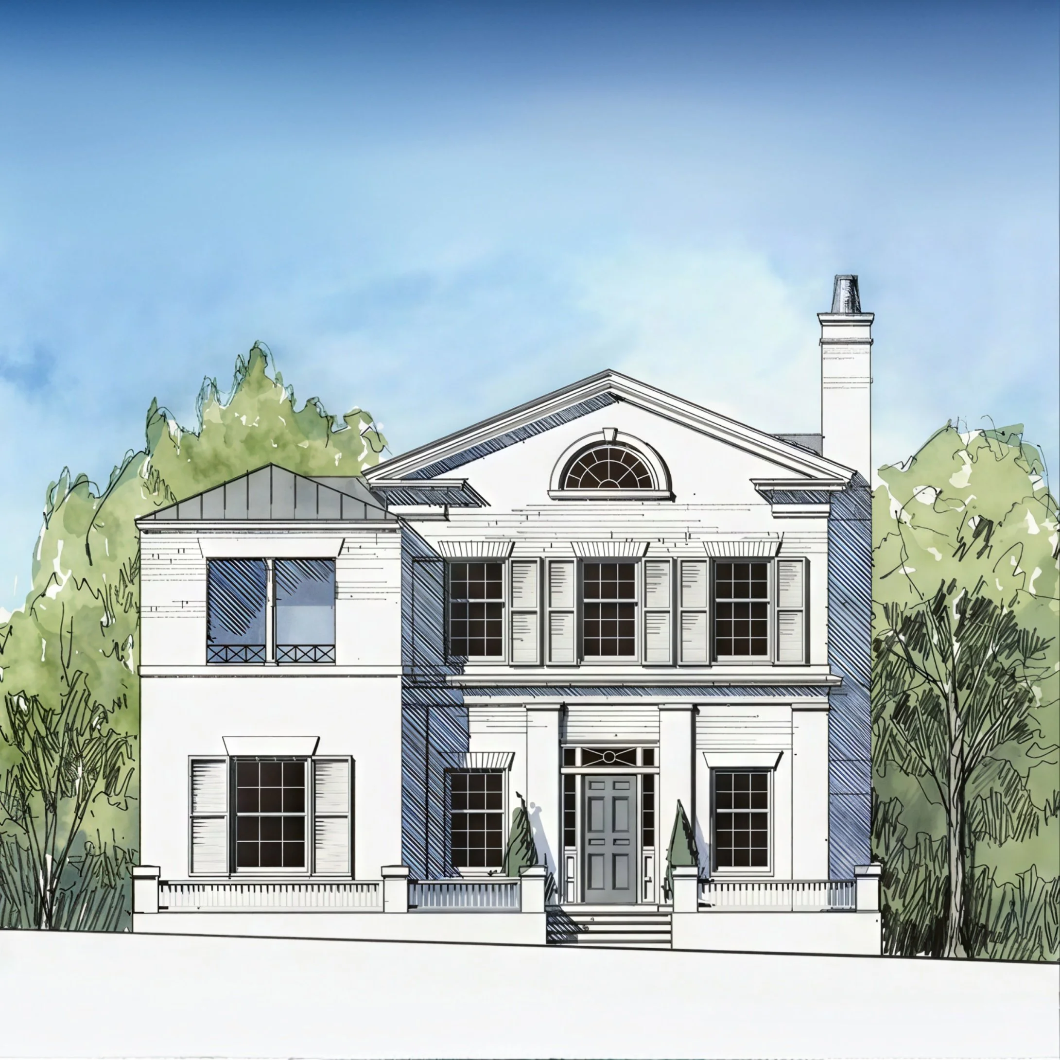 Illustration of a two-story house with white exterior and black shutters, front stairs, and surrounding trees, under a blue sky.