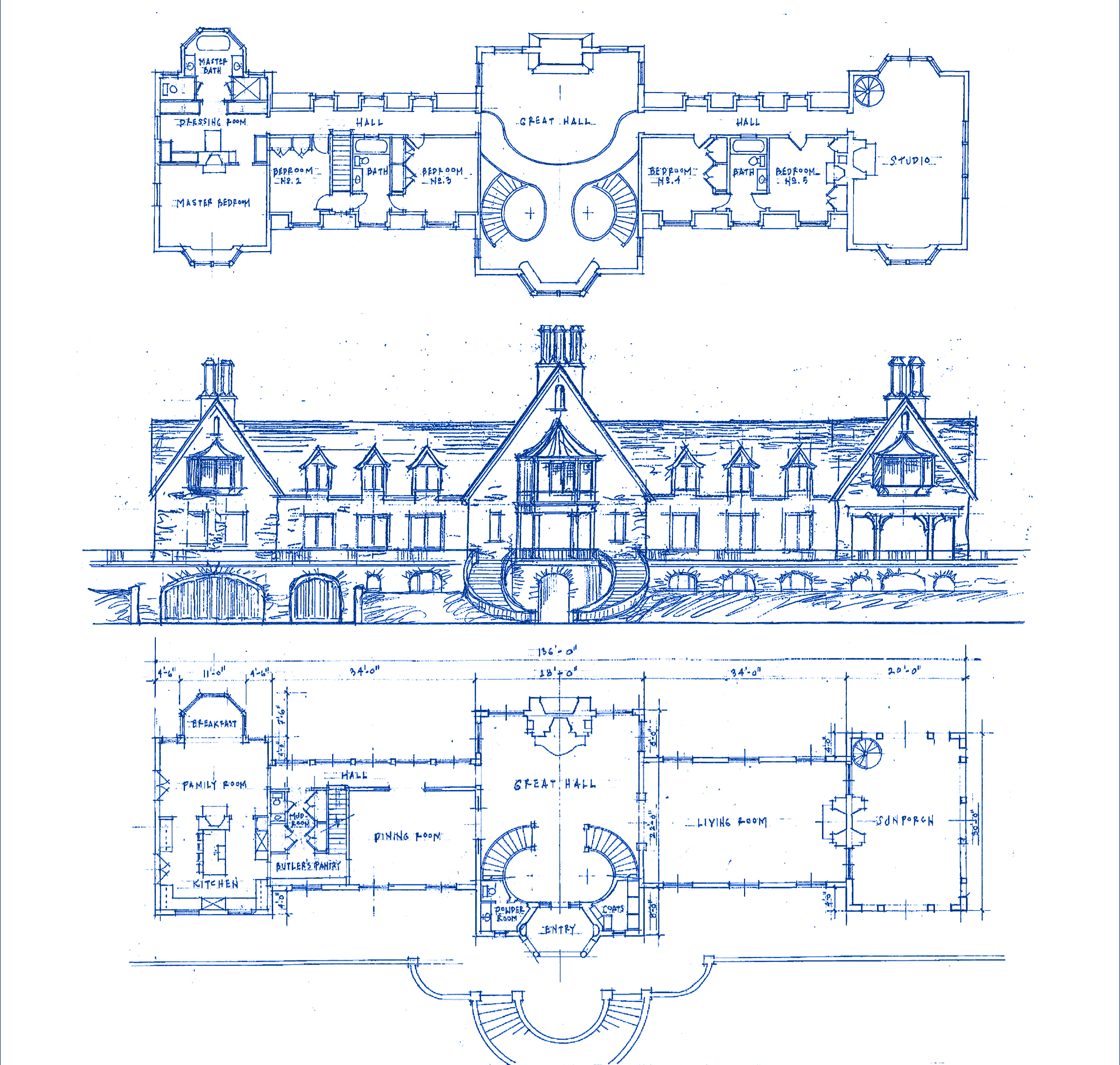 Blueprint of a large, Victorian-style house with detailed floor plans and an exterior elevation drawing.