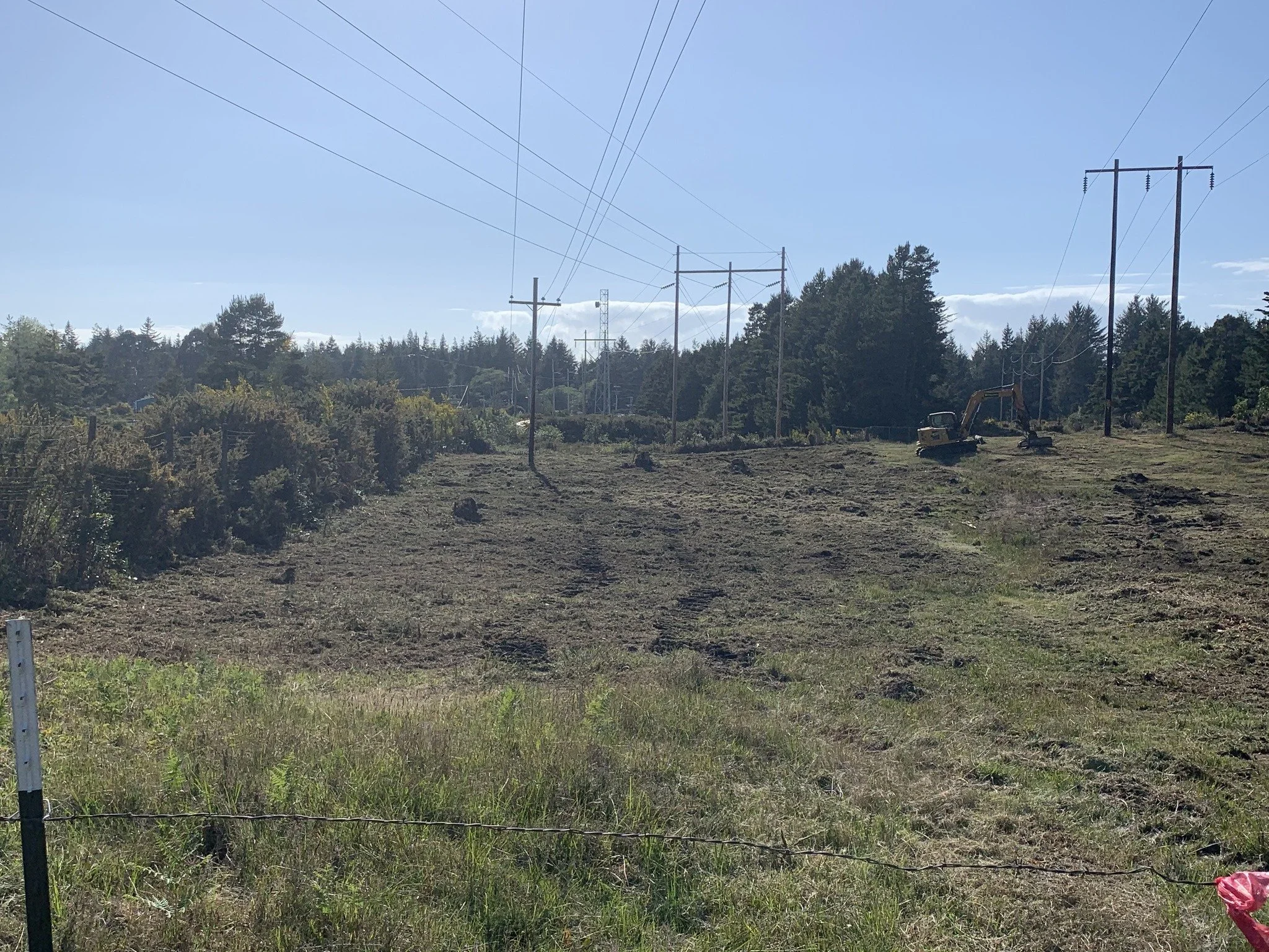 A rural landscape with a clear blue sky, utility poles and wires stretching across the land, a small excavator working on the ground, and greenery including bushes and trees in the background.