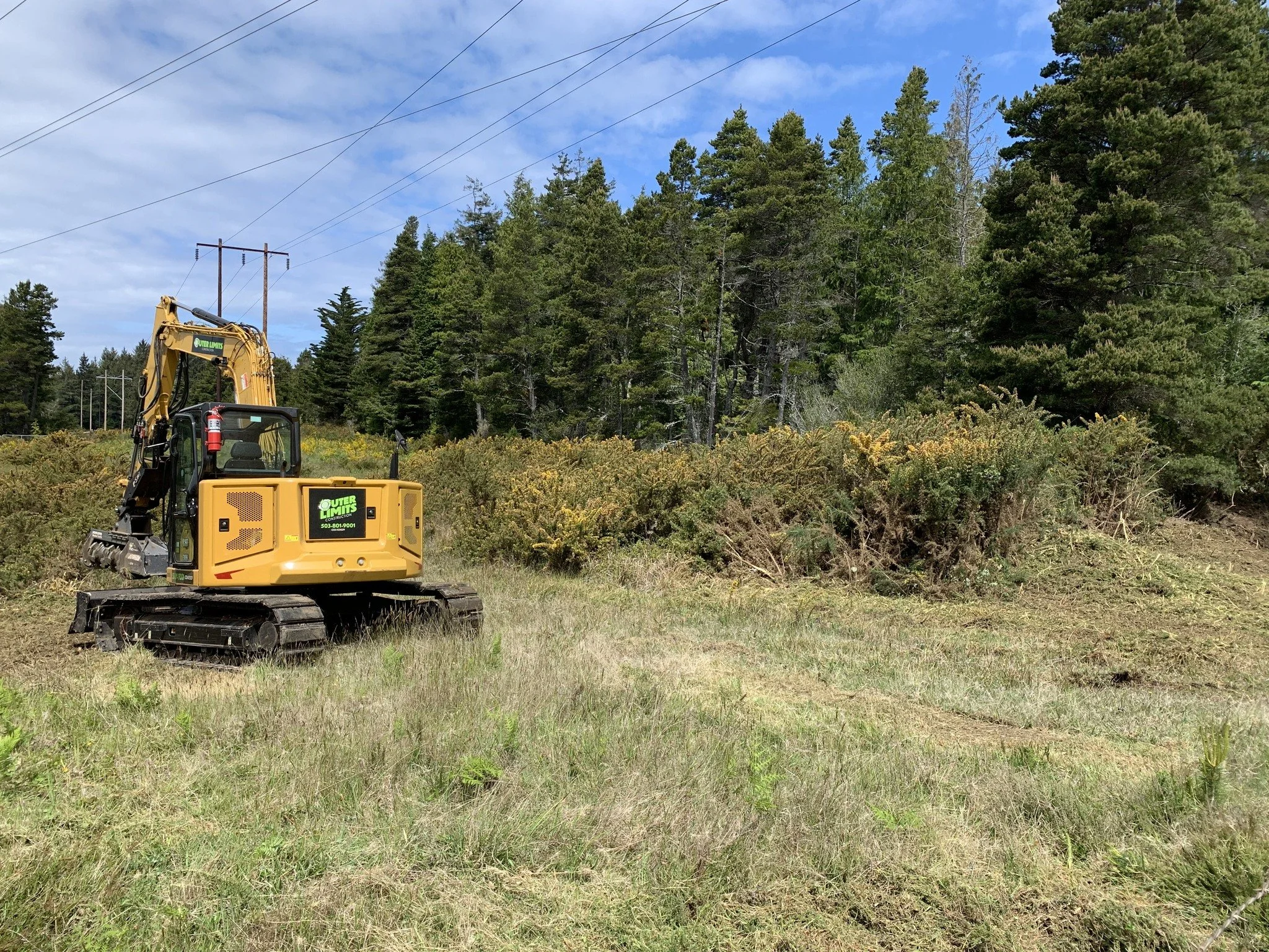 A yellow excavator working in a grassy field near a forest with tall green trees and power lines in the background.