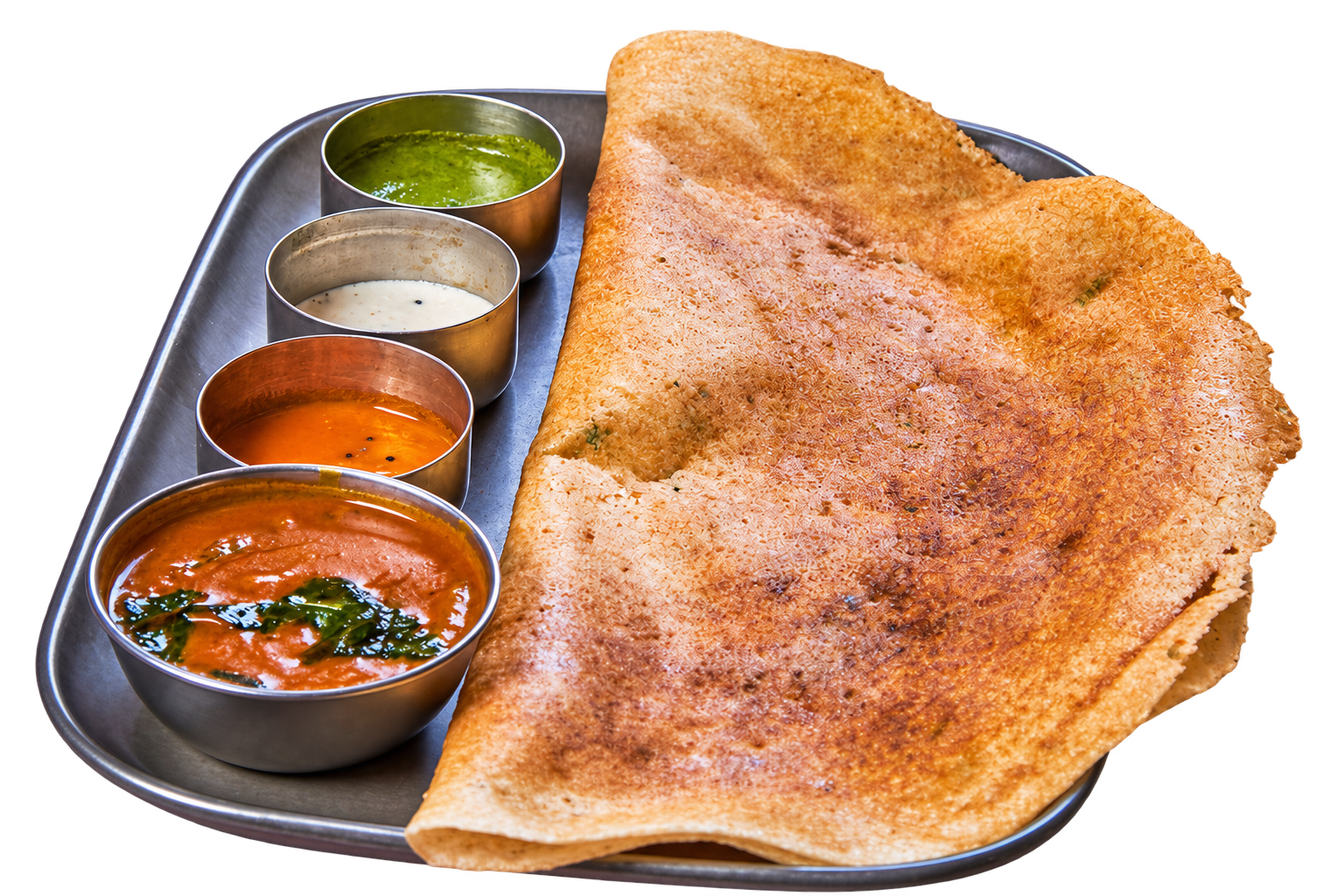 Golden dosa with chutneys and sambar on a stainless steel tray