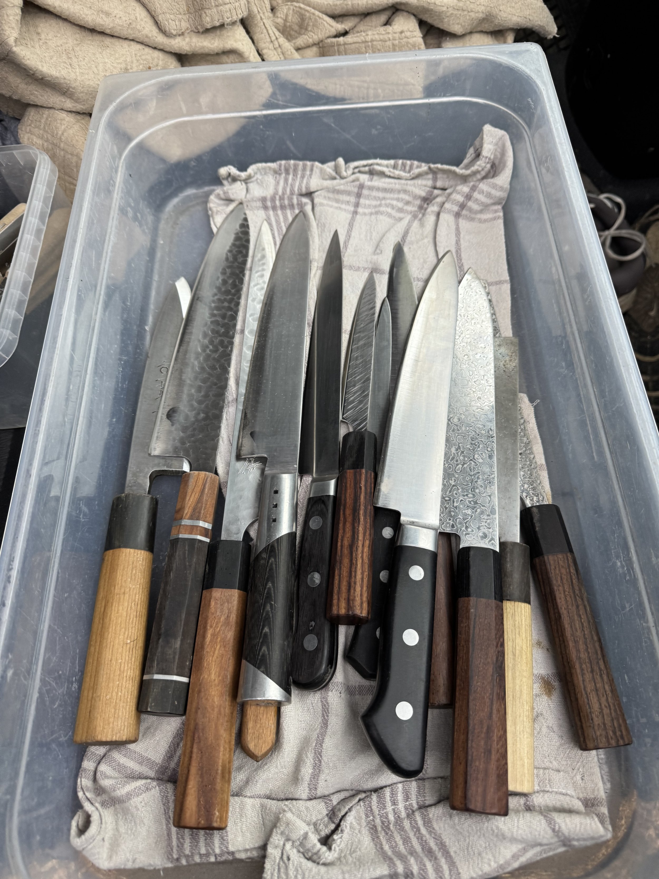 Various kitchen knives with different handles and blade styles inside a plastic storage container on a fabric cloth.