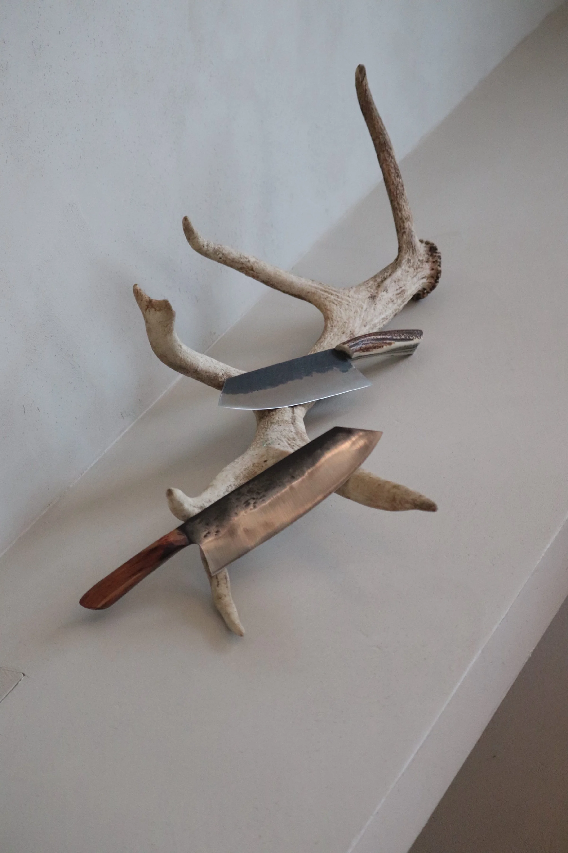 A set of kitchen knives stuck into a collection of antlers arranged on a white surface.