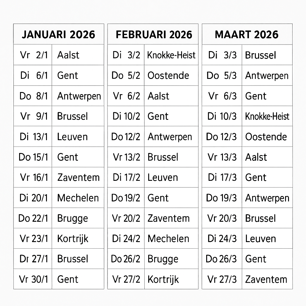 A three-column calendar for January, February, and March 2026 with dates and city names in Dutch.