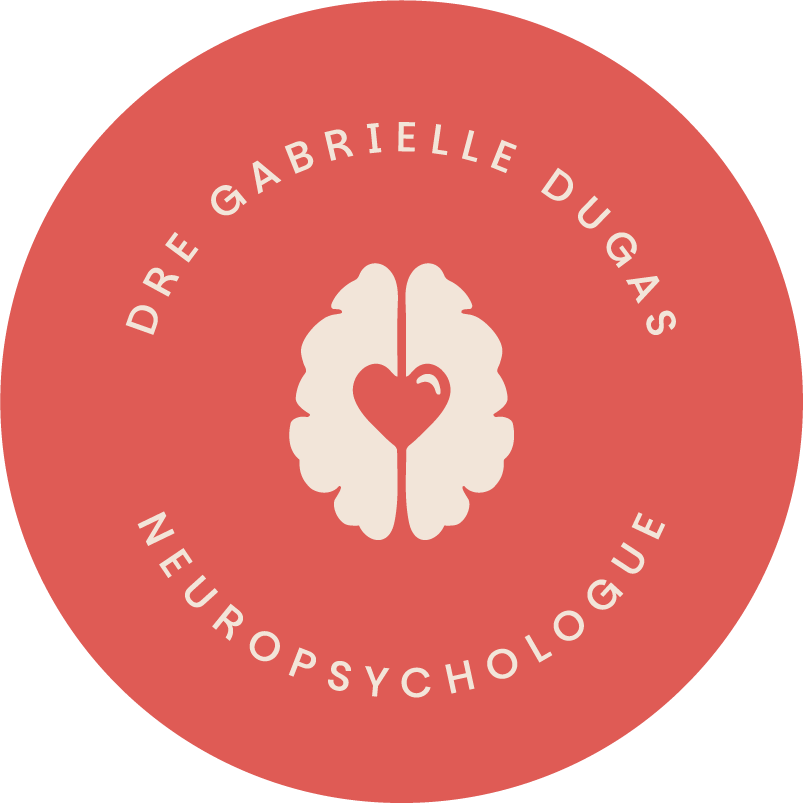 Logo rond avec un cerveau stylisé en blanc contenant un cœur au centre, texte en français "DR Gabrielle Dugas – Neuropsychologue" autour du cerveau sur fond rouge