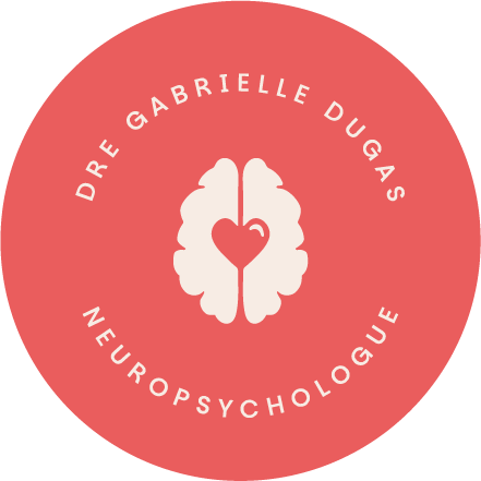 Logo rond avec un fond rose, représentant un cerveau stylisé avec un cœur au centre, entouré du texte 'DRE GABRIELLE DU GAS NEUROPSYCHOLOGUE'