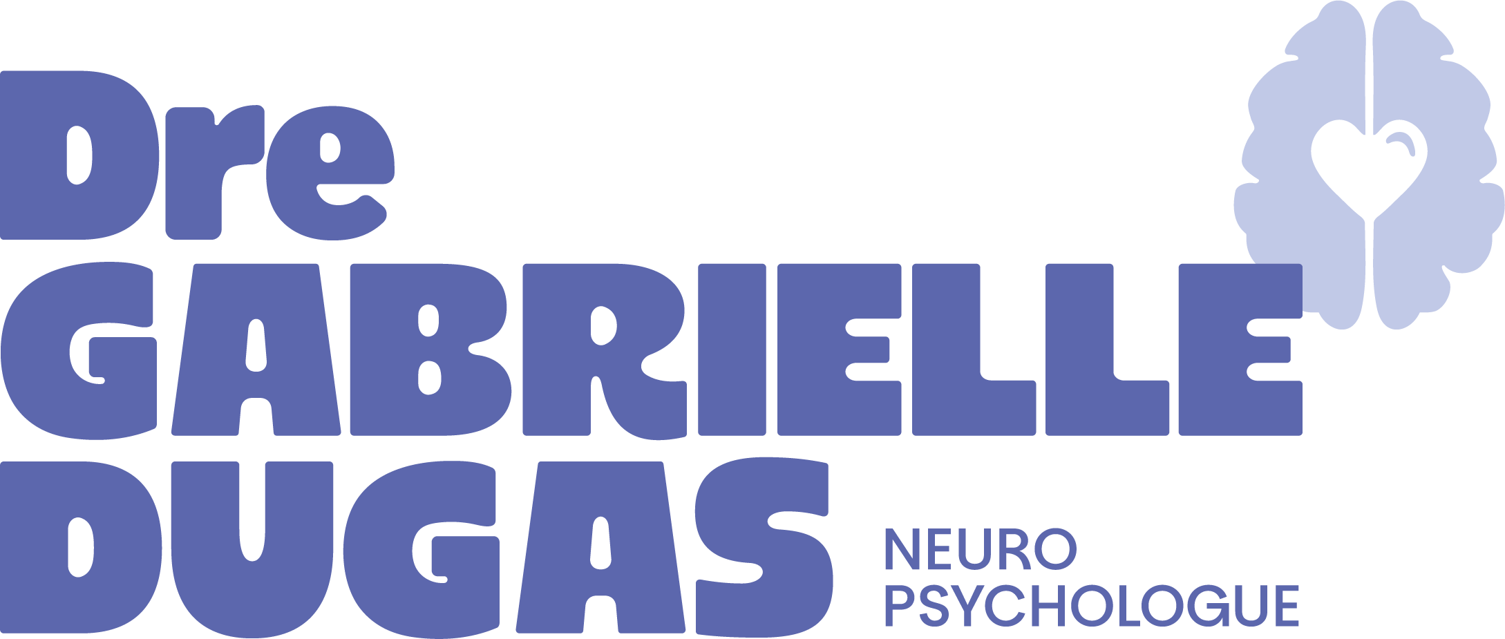 Logo du livre "Le cerveau de Gabrielle Dugas, neuropsychologue" avec un cerveau stylisé et un cœur noir dans la partie droite du cerveau.
