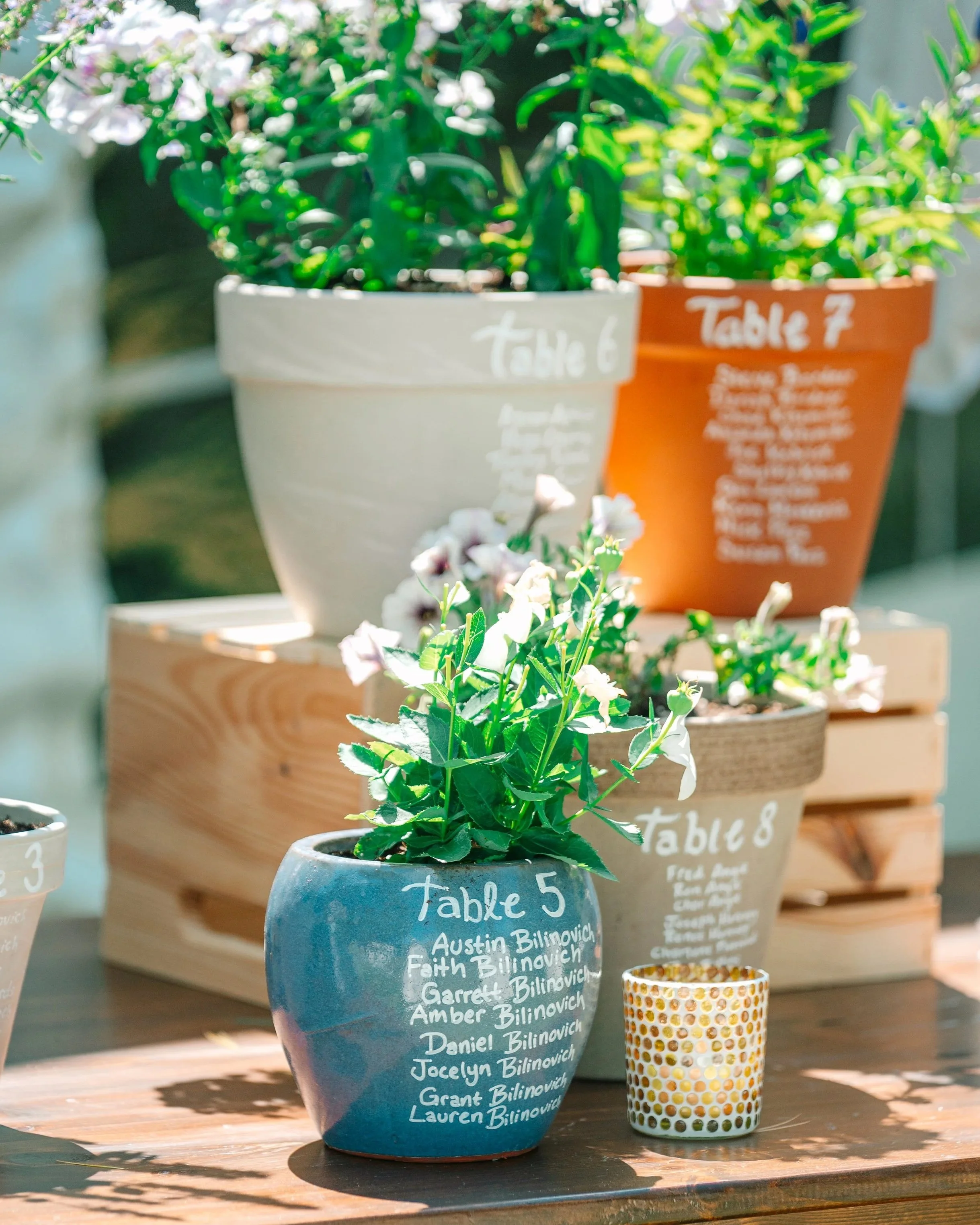 Colorful flower pots with handwritten labels and names on a wooden table, some with blooming flowers, and a small decorative candle holder next to a blue pot.