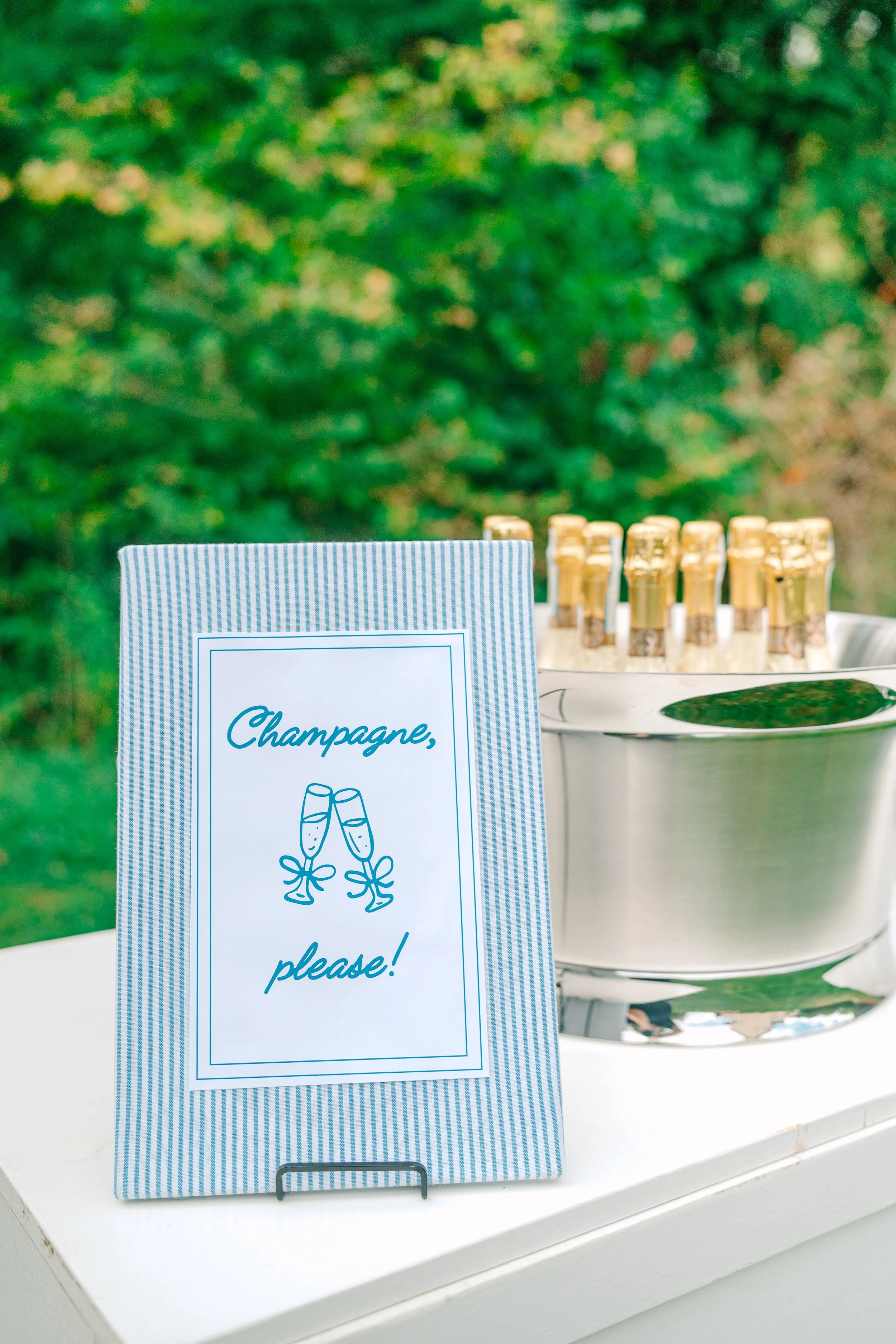 Sign that says 'Champagne, please!' with illustration of two clinking champagne glasses, set on a table next to a bucket of champagne bottles.

Wedding planner Ohio Northeast