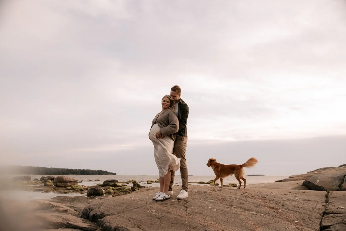 Raskaana oleva nainen, miesten ja koira kalliolla. Odotusajan kuvaus Helsinki.