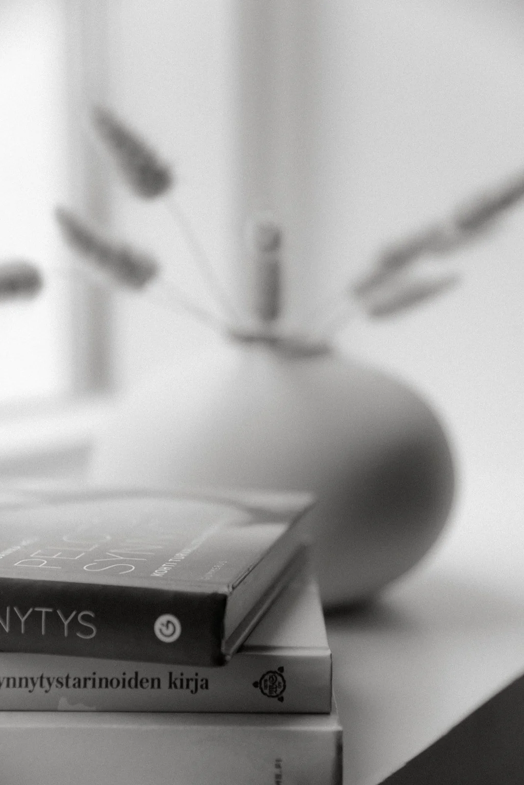 Mustavalkoinen tuotekuva, jossa pino kirjoja.