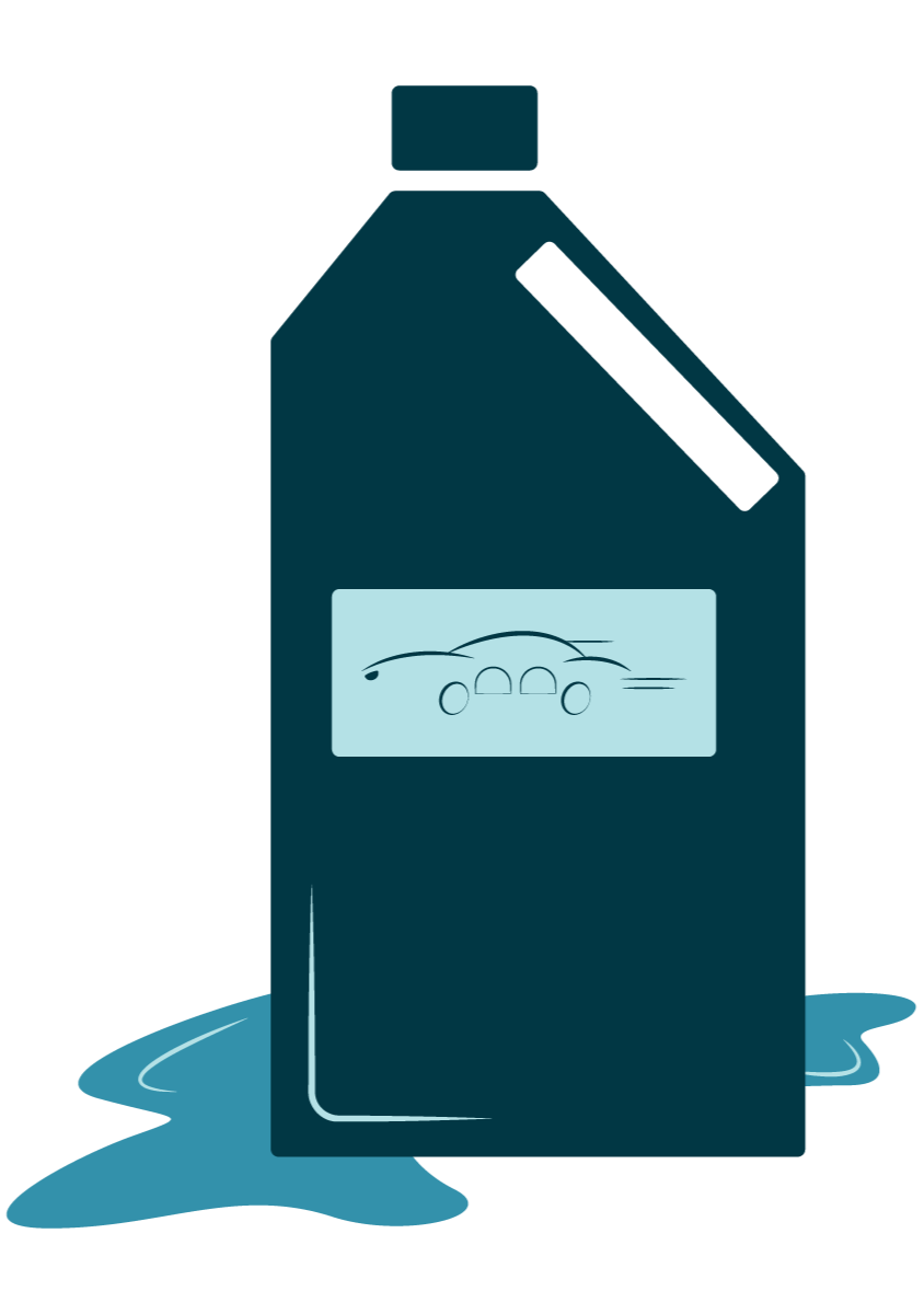 A black laundry detergent bottle with a label showing a car and a black cap, surrounded by spilled blue liquid on the surface.