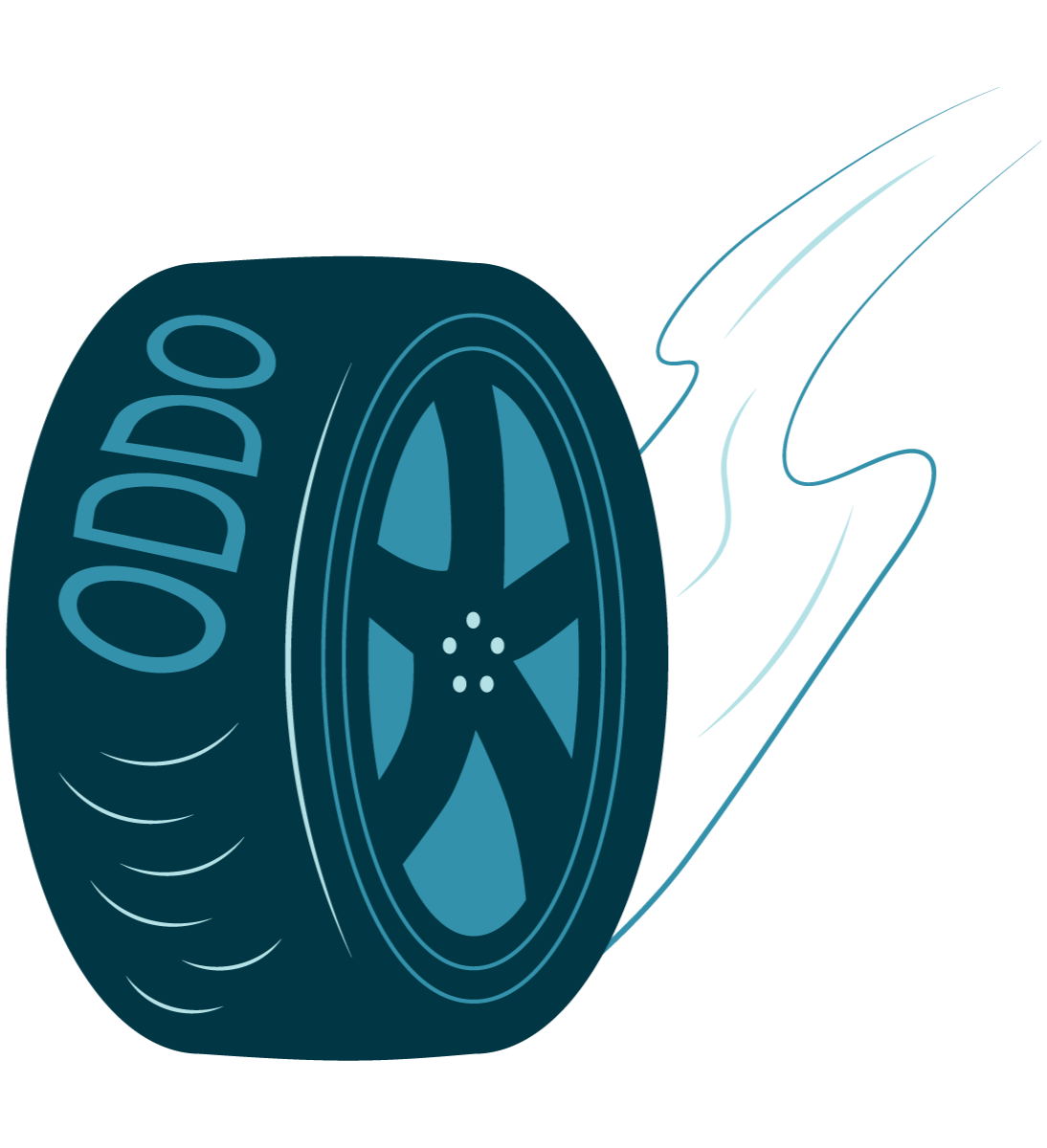 A digital illustration of a car tire with the brand name 'OODO' on the sidewall, mounted on a wheel with a five-spoke design, shown from a three-quarter angle.