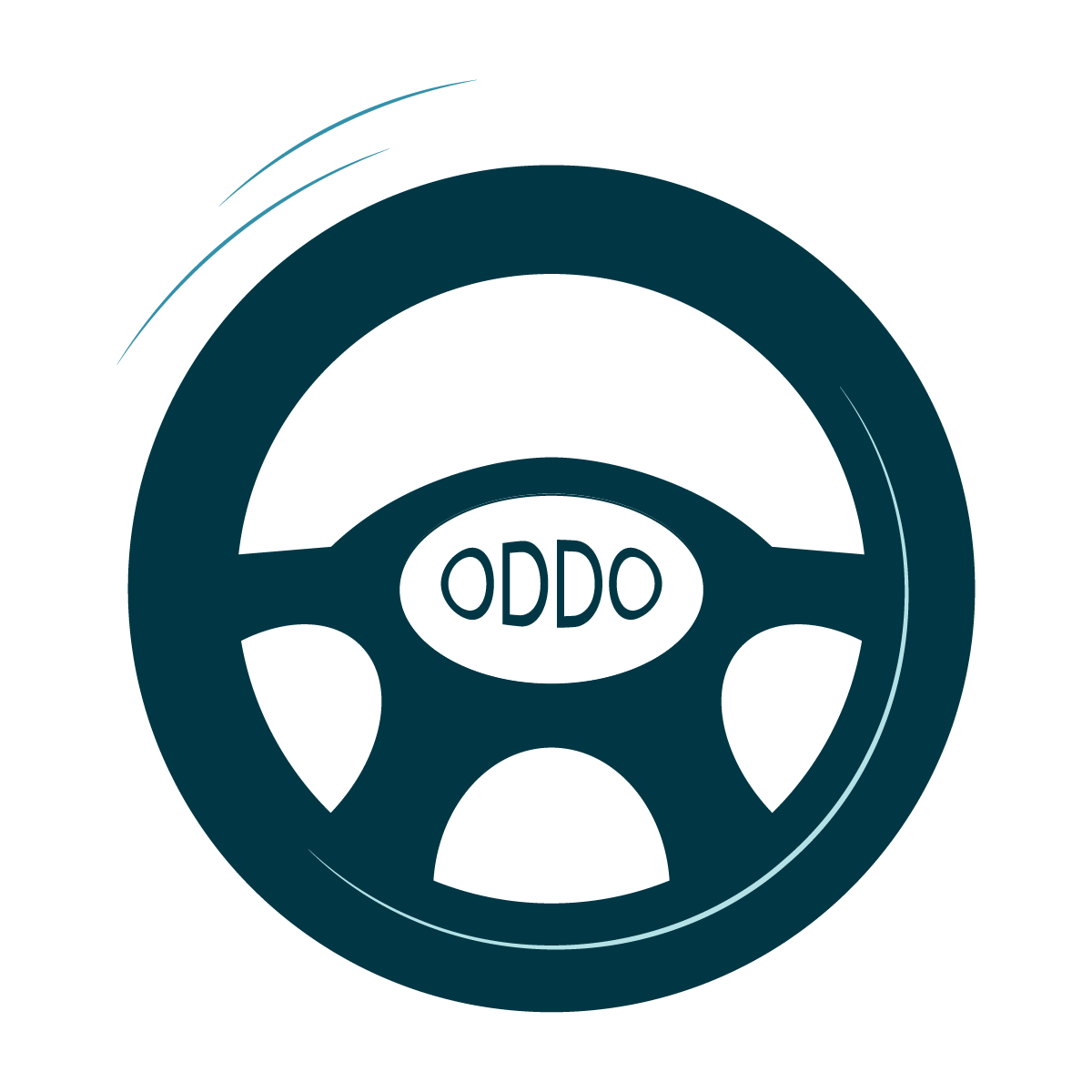 A circular logo with a stylized car steering wheel and the text 'ODDO' in the center, on a black background.