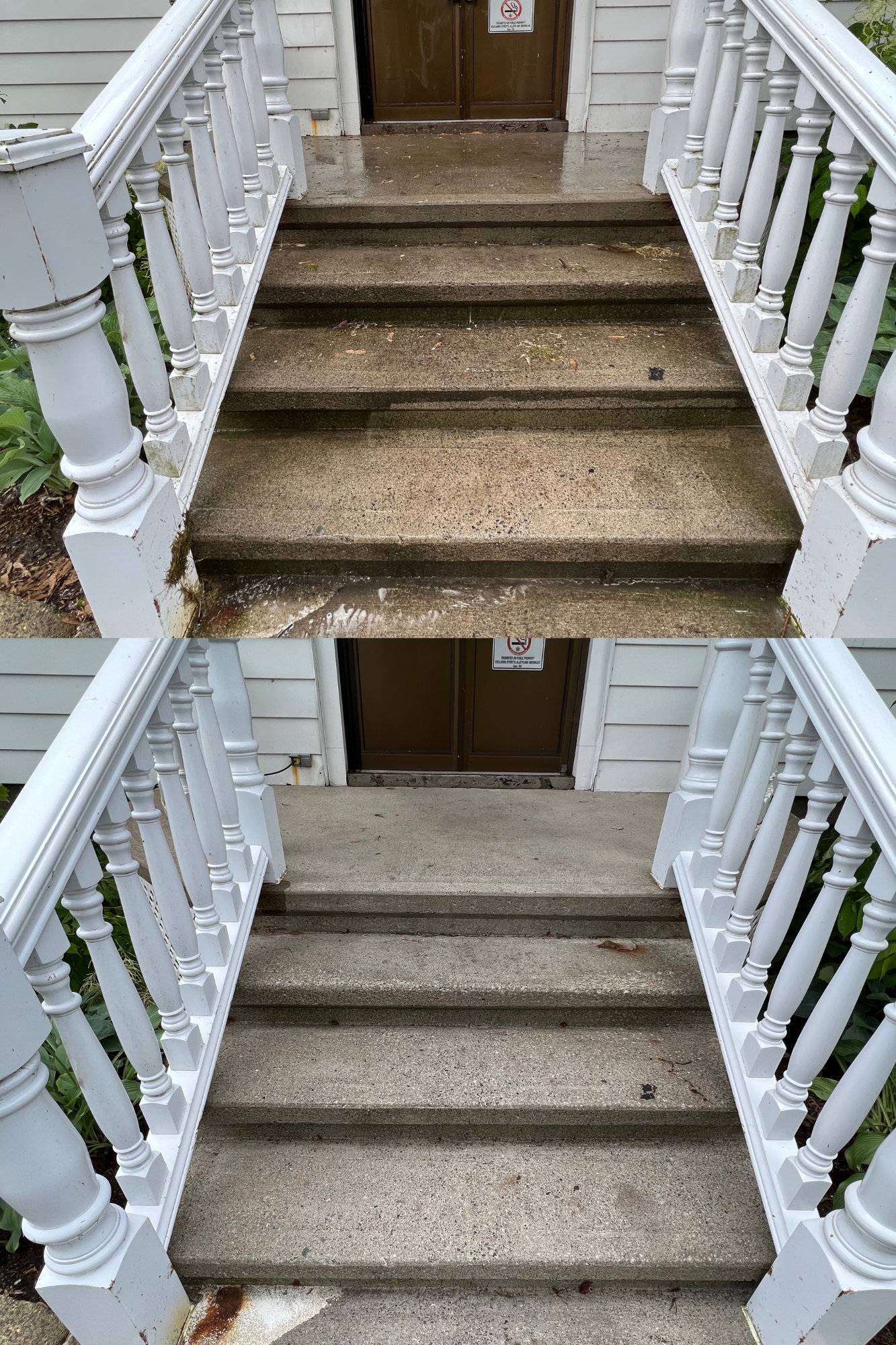 Two side-by-side photos of a concrete porch with stairs in front of a door, showing a before-and-after cleaning result. The top image depicts a dirty, stained porch with moss and debris, while the bottom image shows a cleaned, brighter surface.