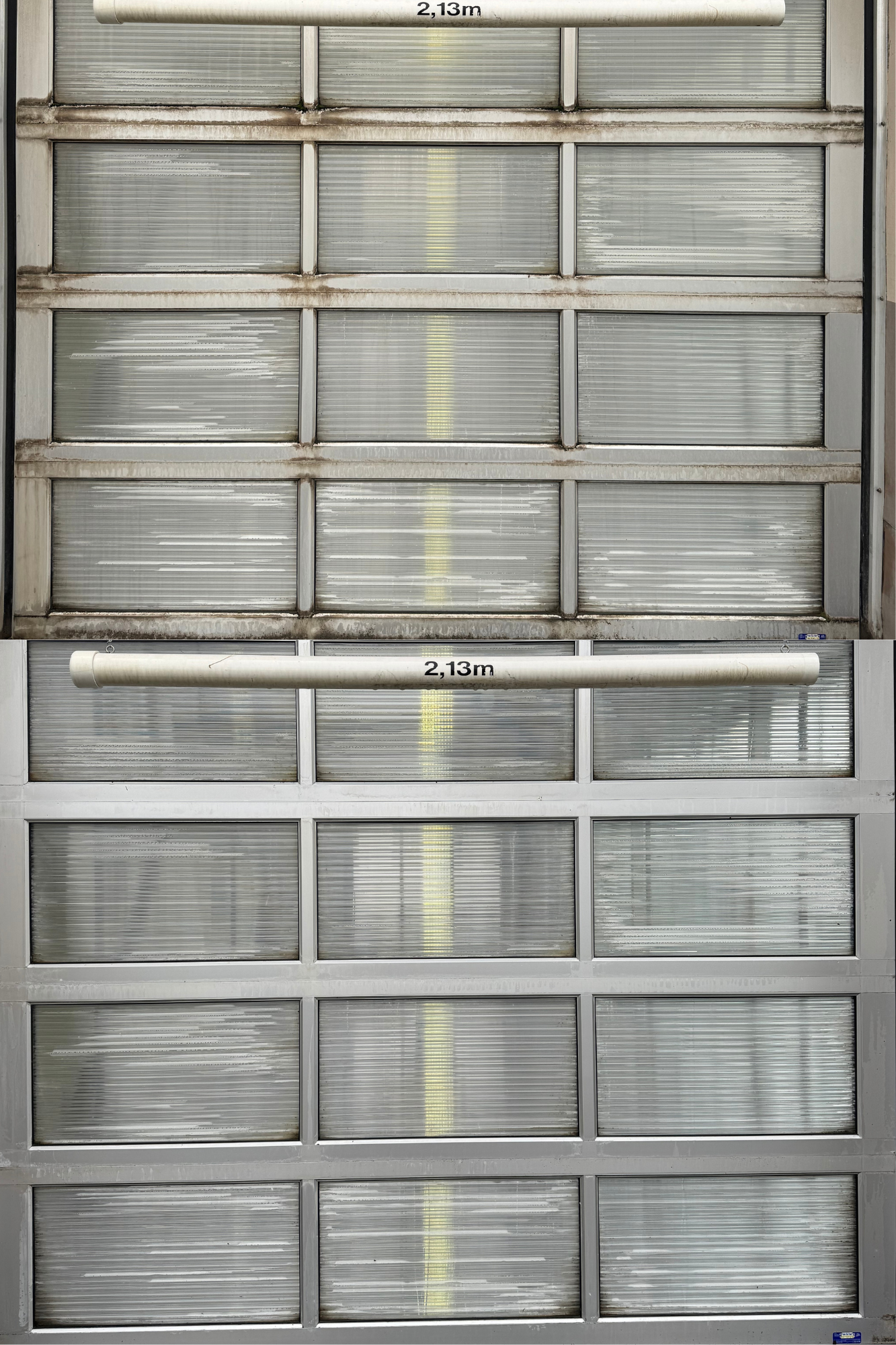 A gas station carwash garage door restoration, showing a contrast between dirty on the top and clean on the bottom.